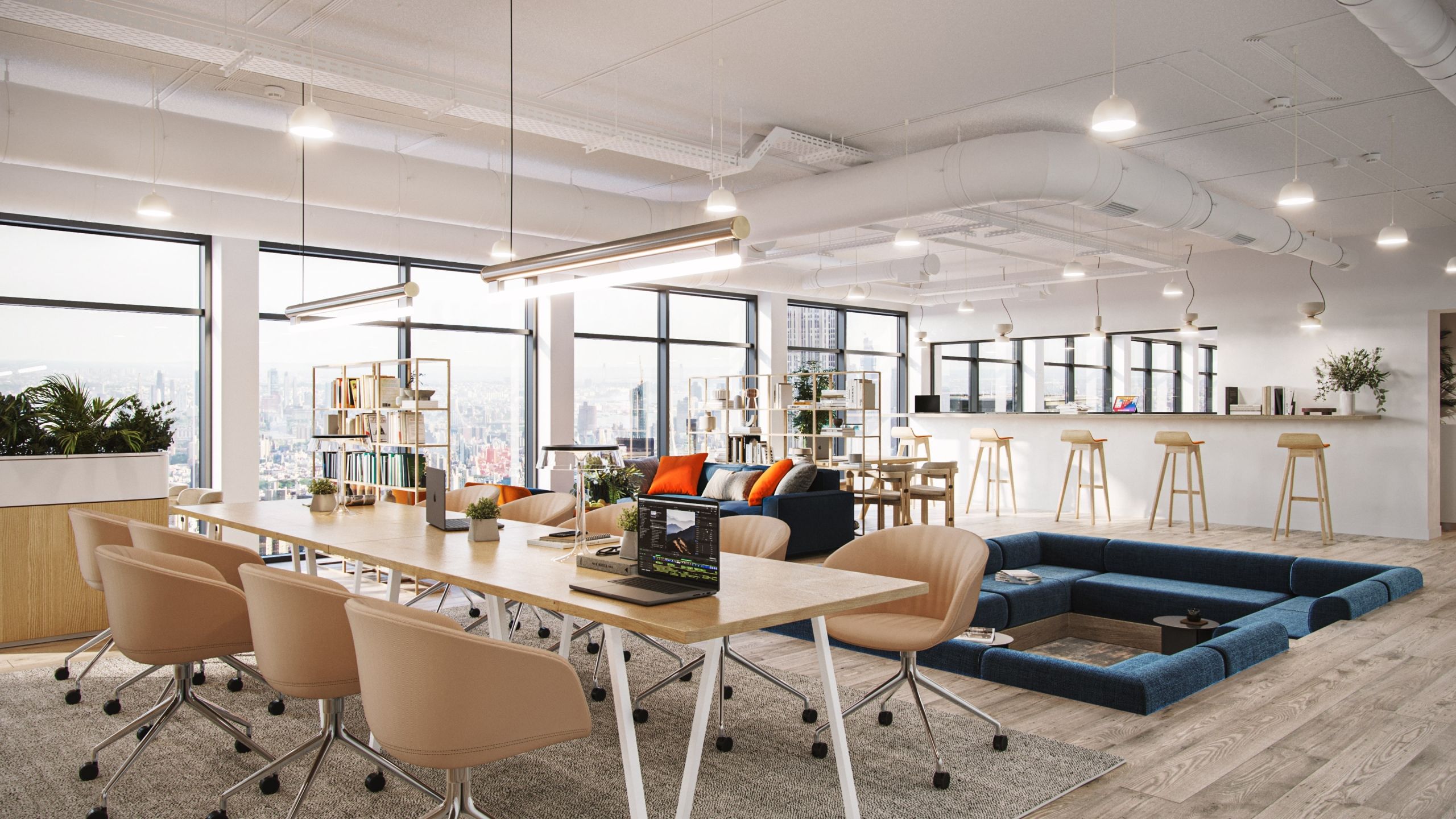 3D Rendering Of A Bright Open Office With Long Wooden Tables And City View Through Glass Walls