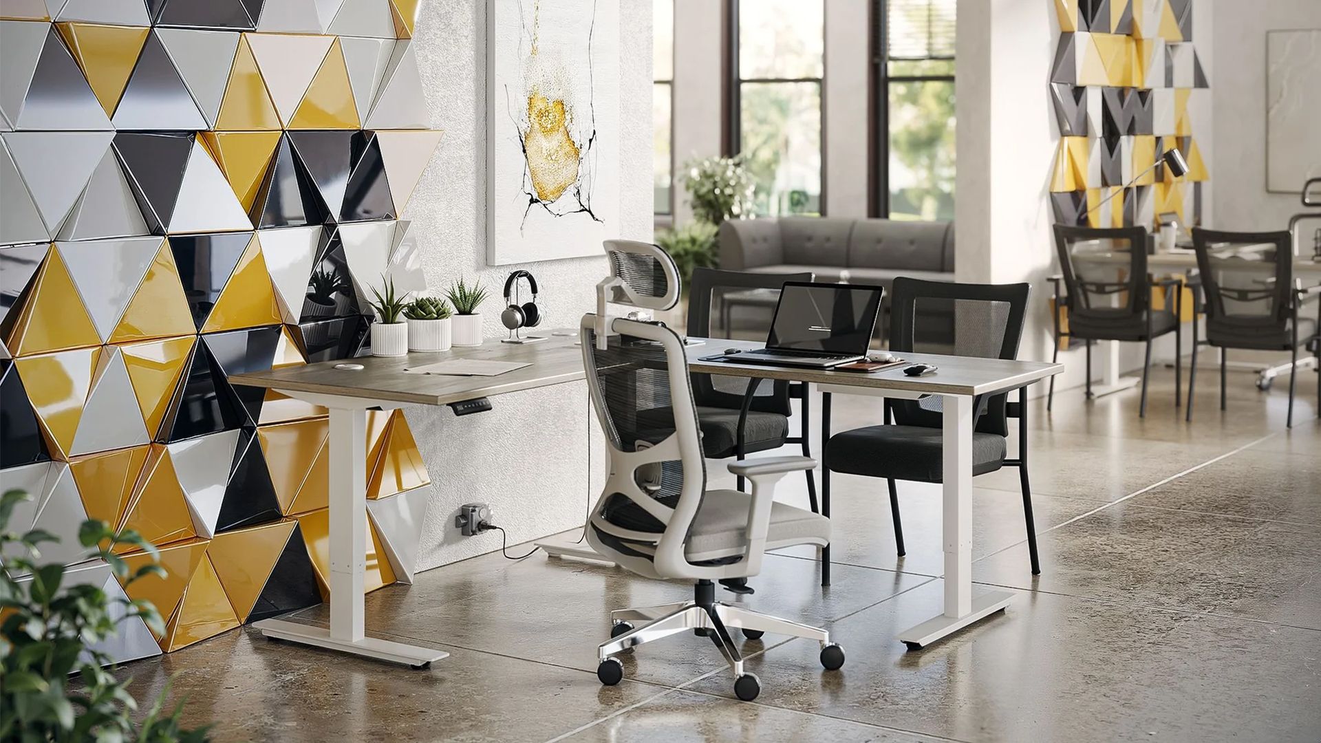 Modern office 3D visualization with desks, ergonomic chairs, and a geometric wall installation