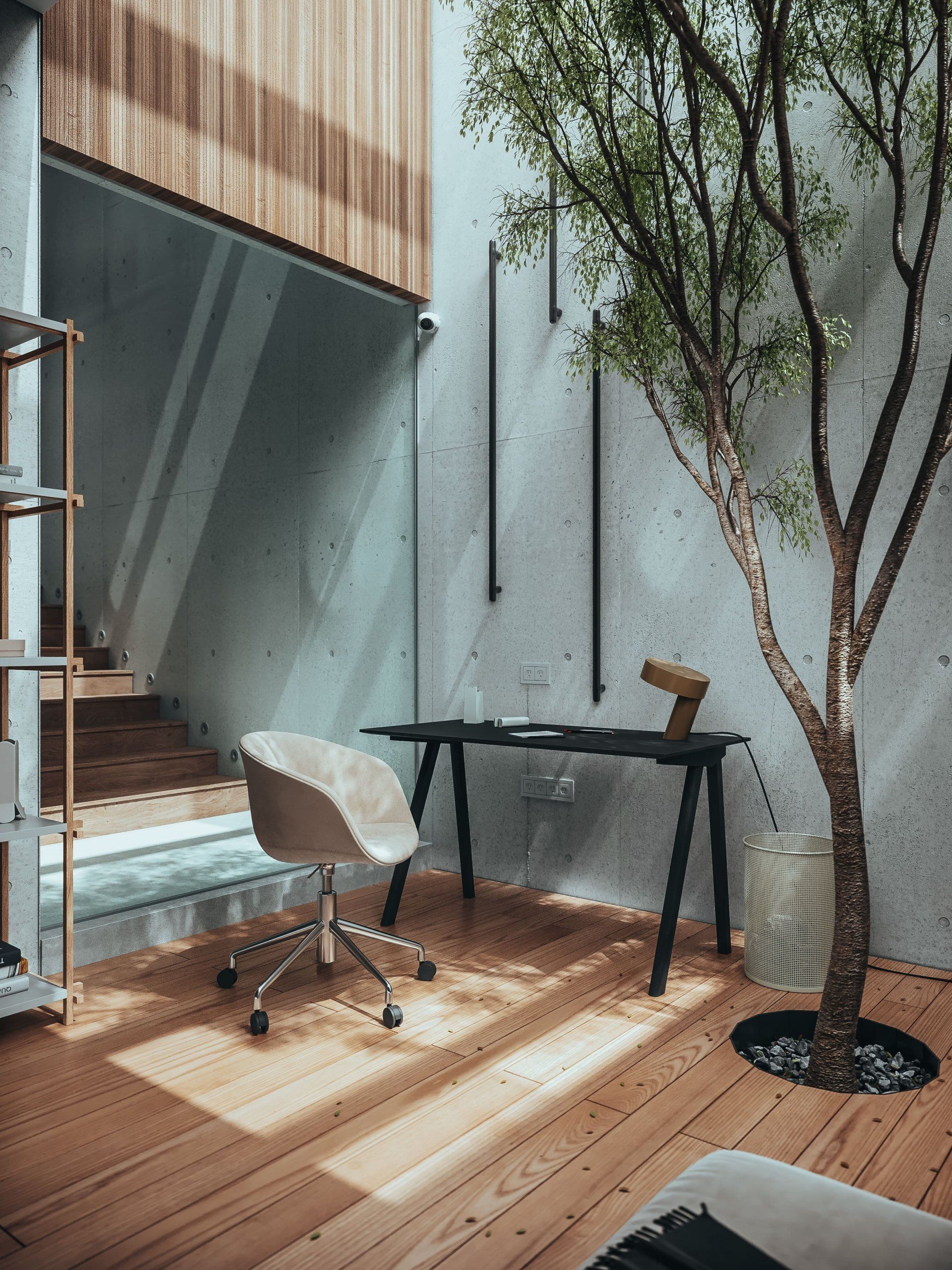 3D interior rendering showcasing a modern workspace with bespoke 3D furniture