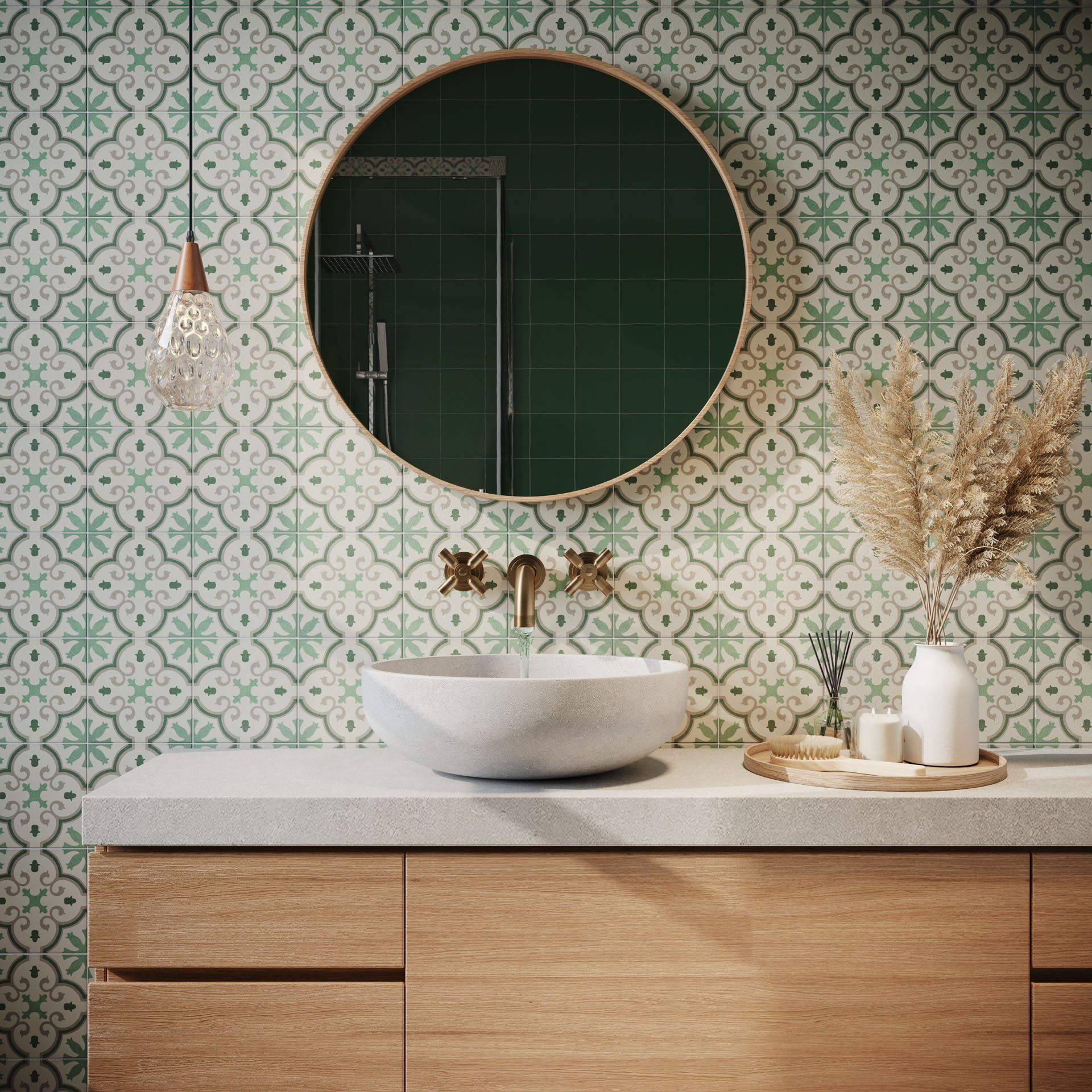 3D furniture modeling and rendering of a bathroom vanity with a round mirror, showcasing photorealistic visualization and Top-notch 3D interior design.