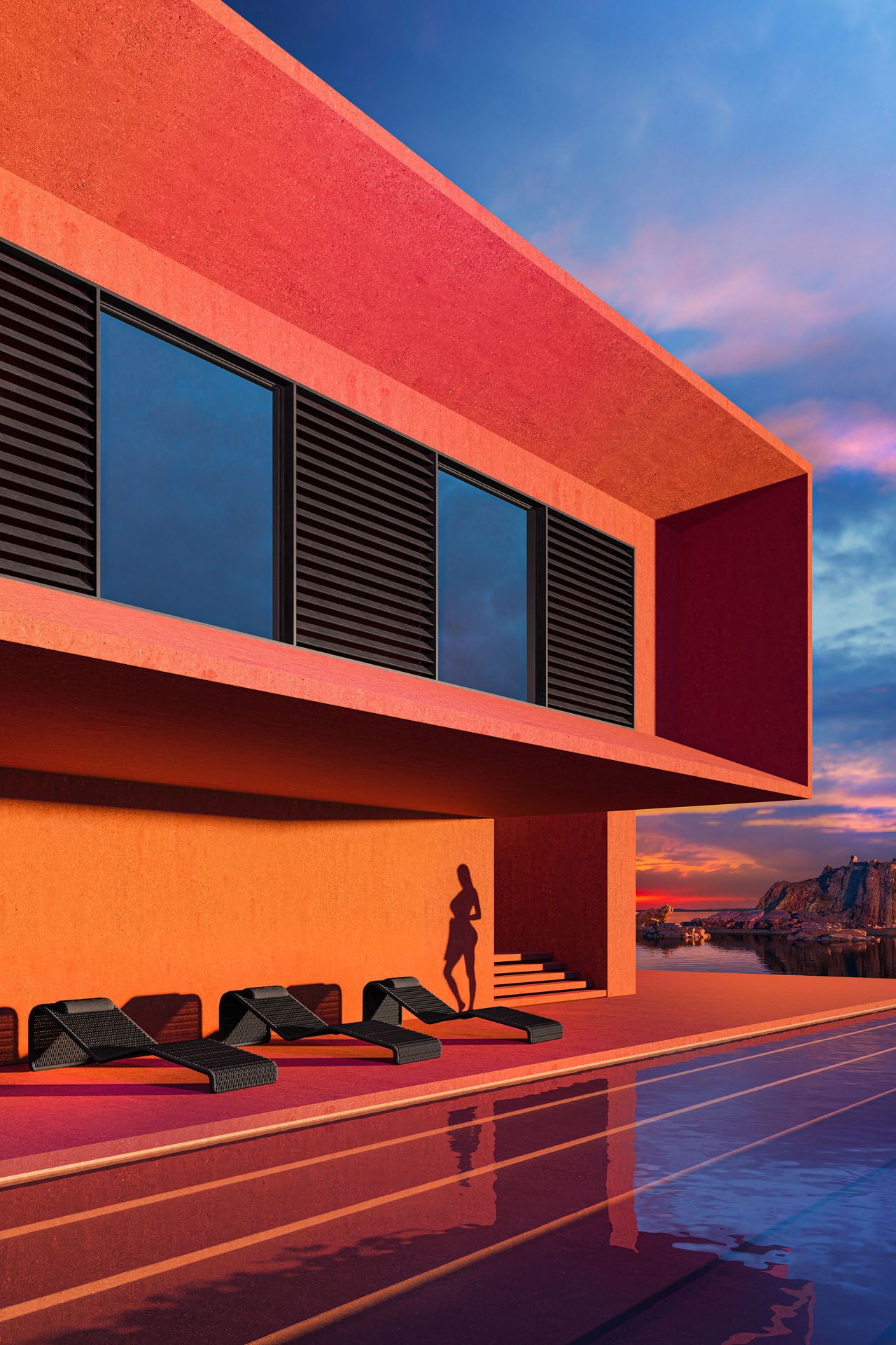 3D rendering of a modern architectural design with poolside, showcasing 3D modeling and visualization techniques