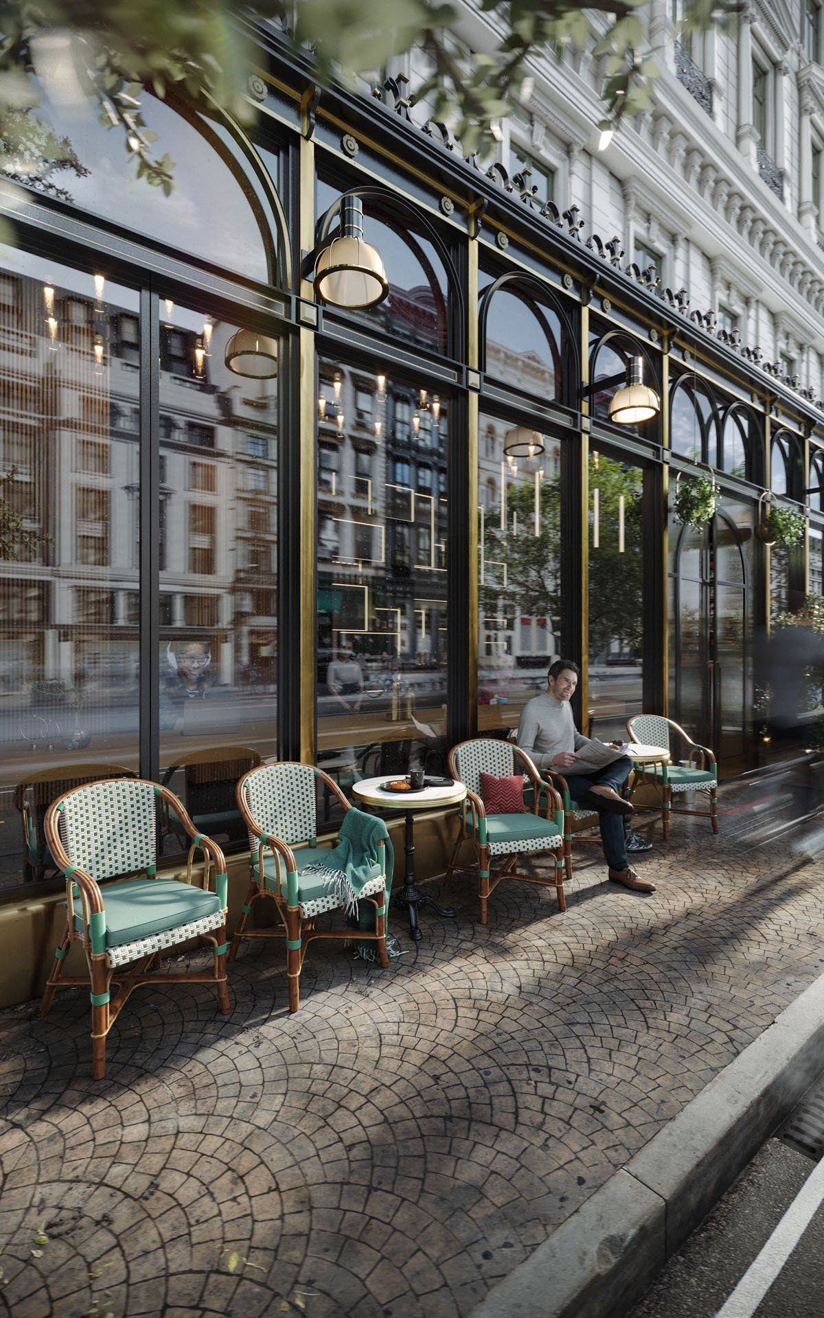 High-quality 3D rendering of an outdoor cafe with realistic furniture and people