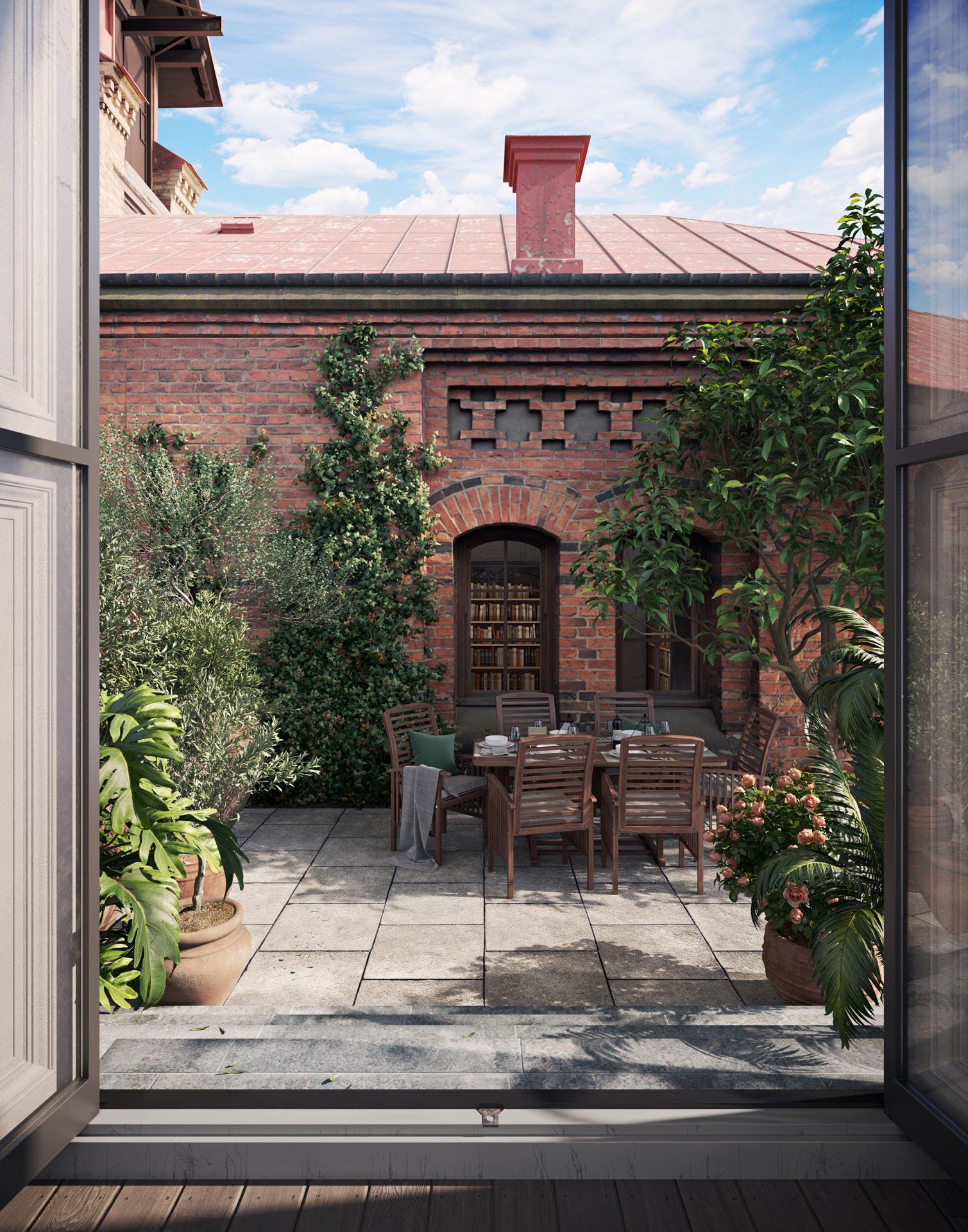 Top-notch 3D rendering of an outdoor patio with furniture, showcasing realistic 3D furniture modeling and visualization in a garden setting.