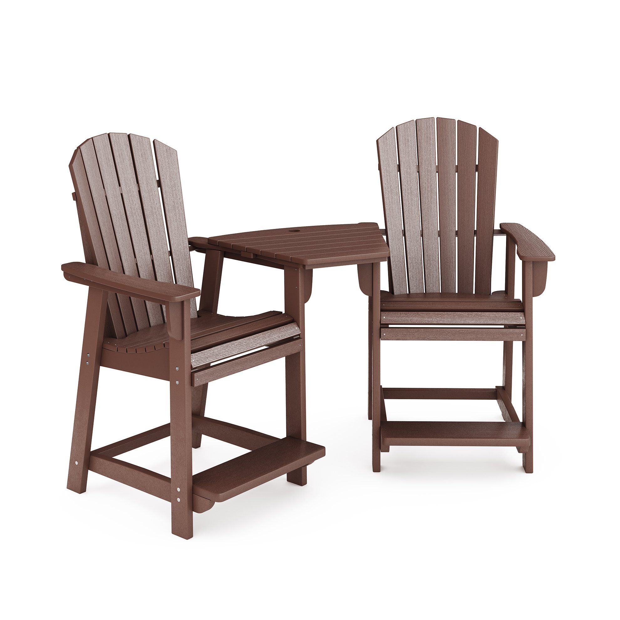 3D rendered image of two outdoor chairs with a connecting table, showcasing realistic product rendering and 3D product visualization.