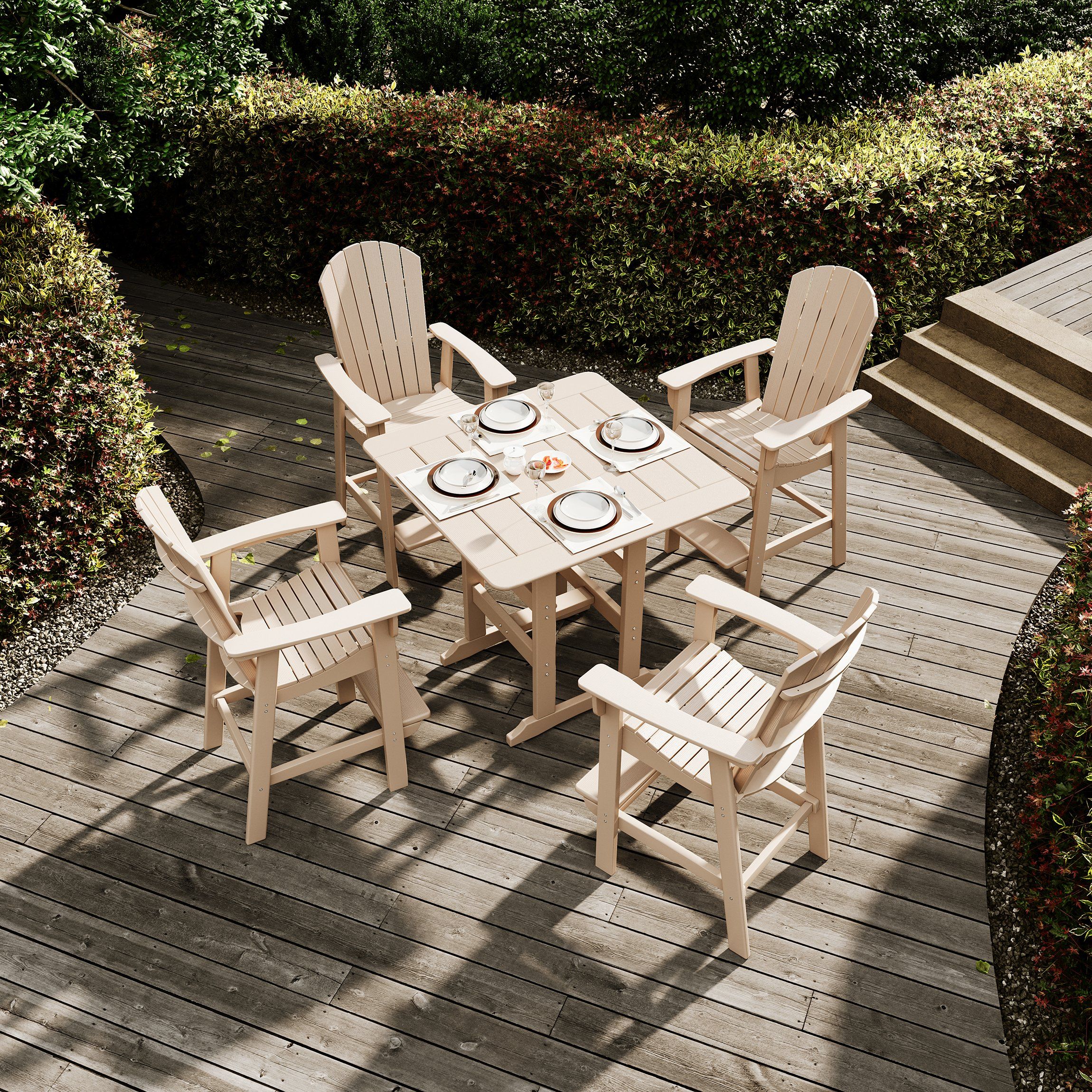 3D Visualization of a Garden Dining Set with Plates on a Wooden Deck