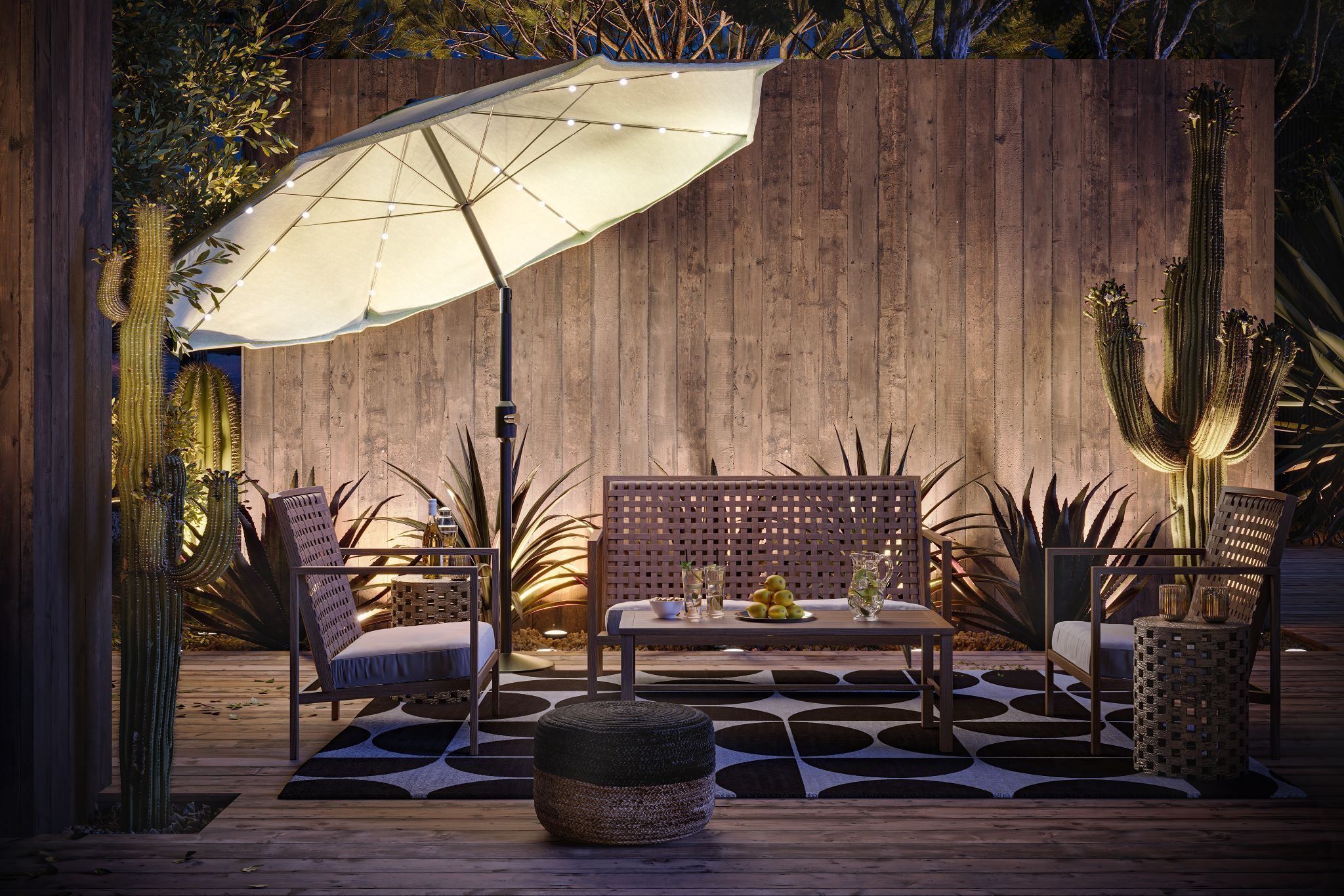 3D Rendering Of A Night Patio Scene With Plants, LED Umbrella, And Wooden Outdoor Furniture