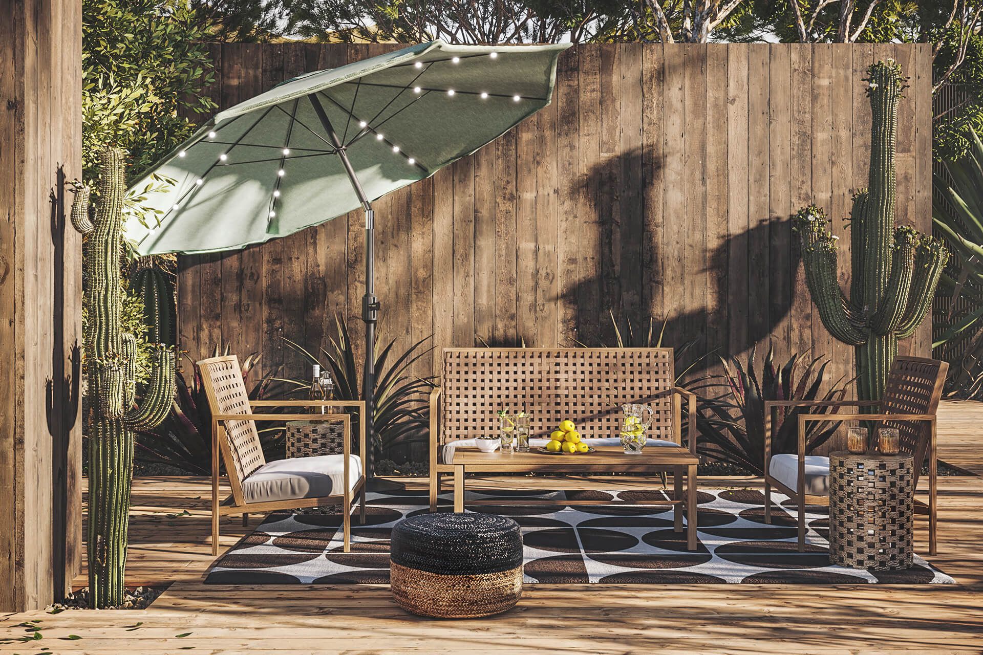 Photorealistic 3D rendering of outdoor furniture with wooden chairs, table, and umbrella, showcasing 3D furniture modeling and visualization.