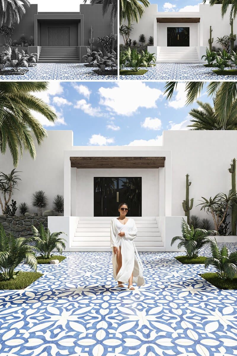 3D exterior rendering showcasing modern architecture with detailed 3D modeling and photorealistic visualization