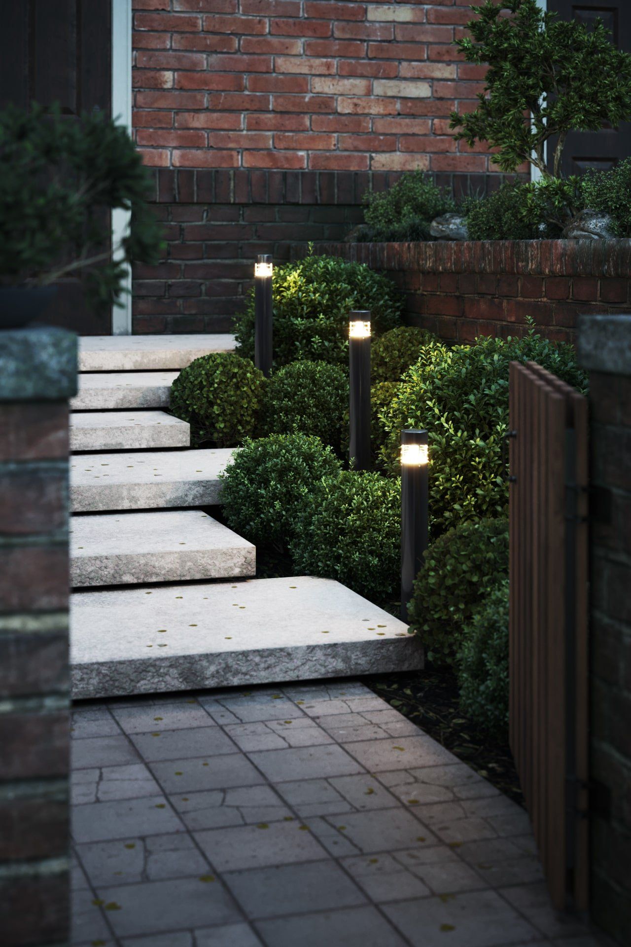 3D exterior visualization showcasing a garden pathway with realistic rendering, featuring stone steps and lush greenery.