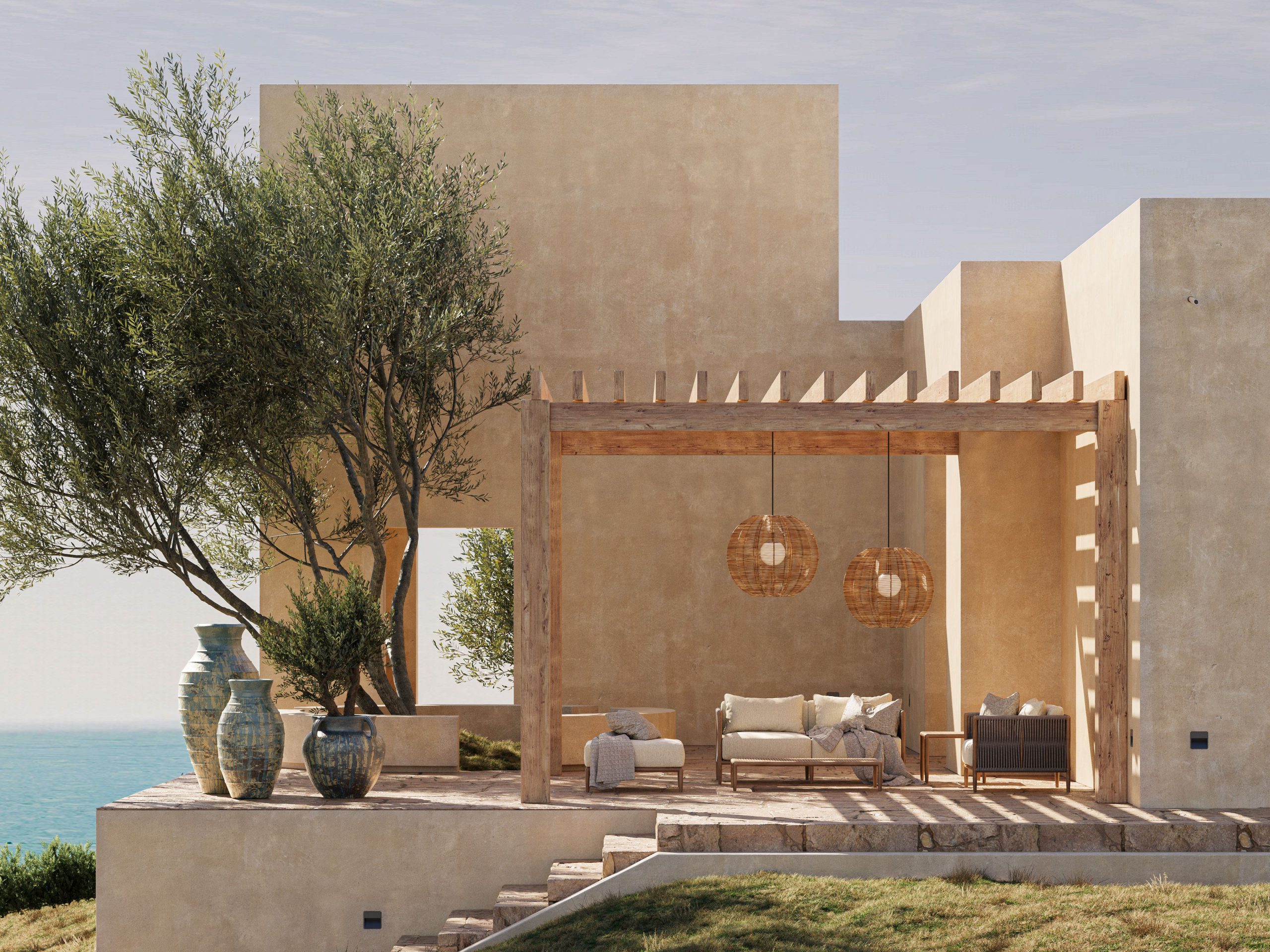 3D rendering of rattan outdoor pendant lights hanging from a wooden pergola on a Mediterranean seaside patio with lounge furniture, olive trees, and ocean view