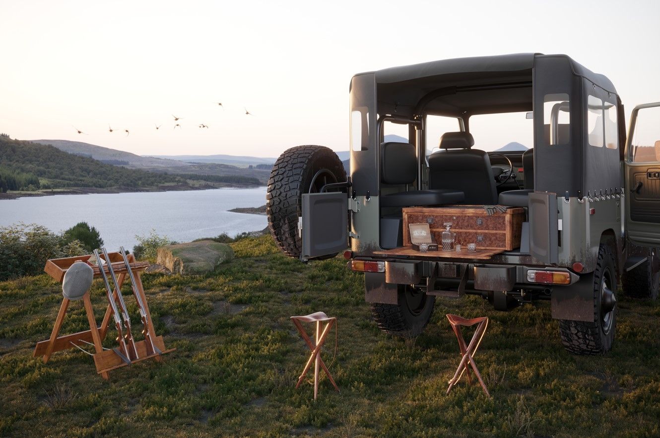 Camping Kit 3D Render with Wild Landscape Background