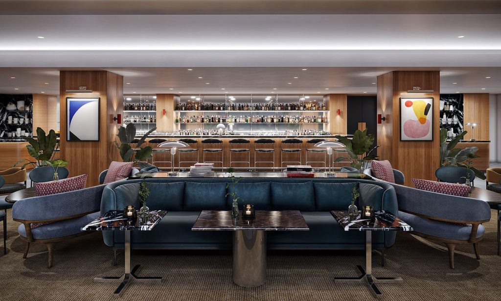 Restaurant interior rendering with tables, a sofa, and a view of the bar