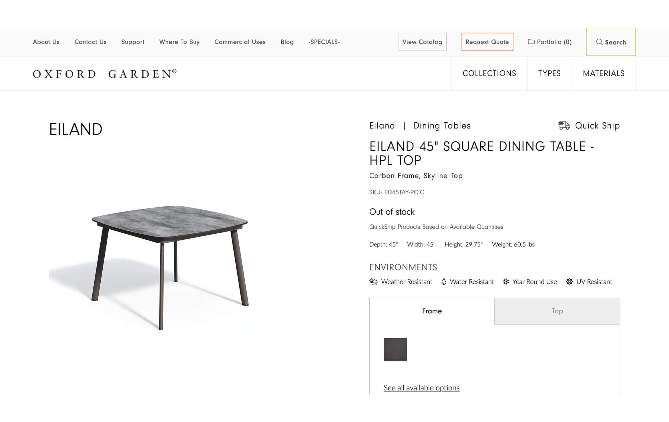 3D model and rendering of Eiland 45 inch square dining table with HPL top, showcasing realistic furniture visualization and design.