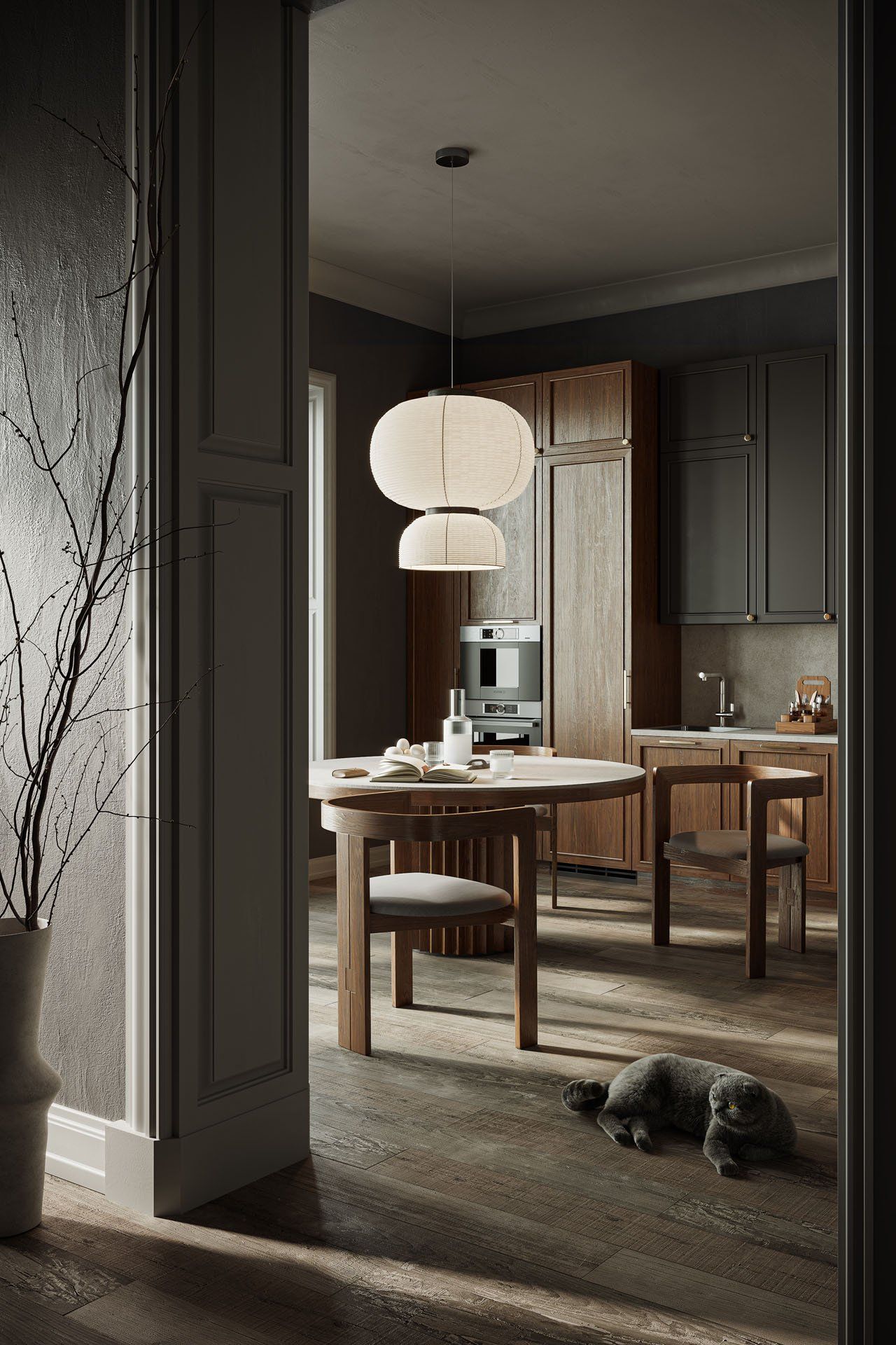 3D interior rendering showcasing a stylish kitchen with wooden product, featuring photorealistic 3D product modeling and a cat on the floor.