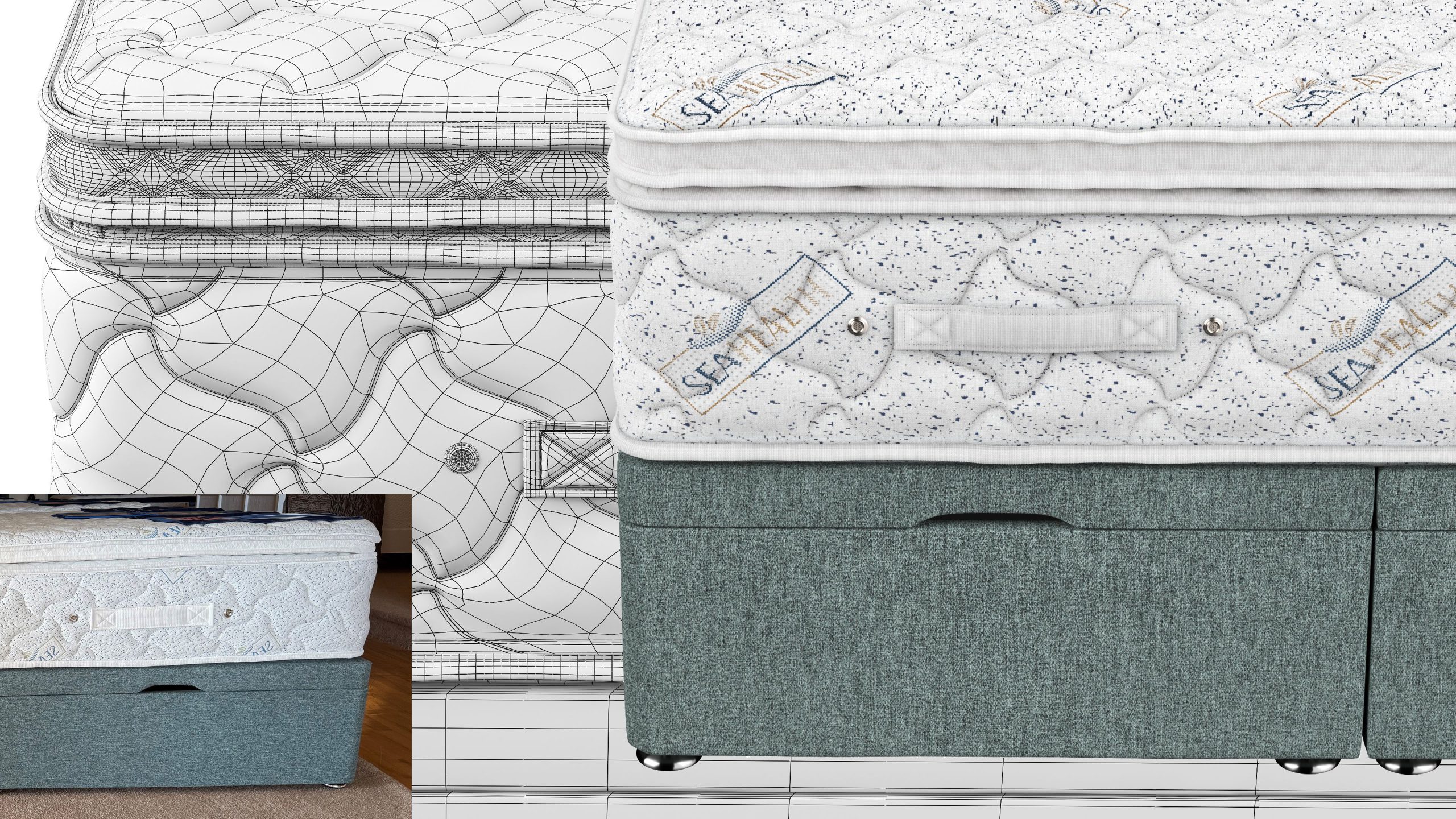 Mattress photo reference, 3D modeling geometry, and textured photorealistic result displayed side by side