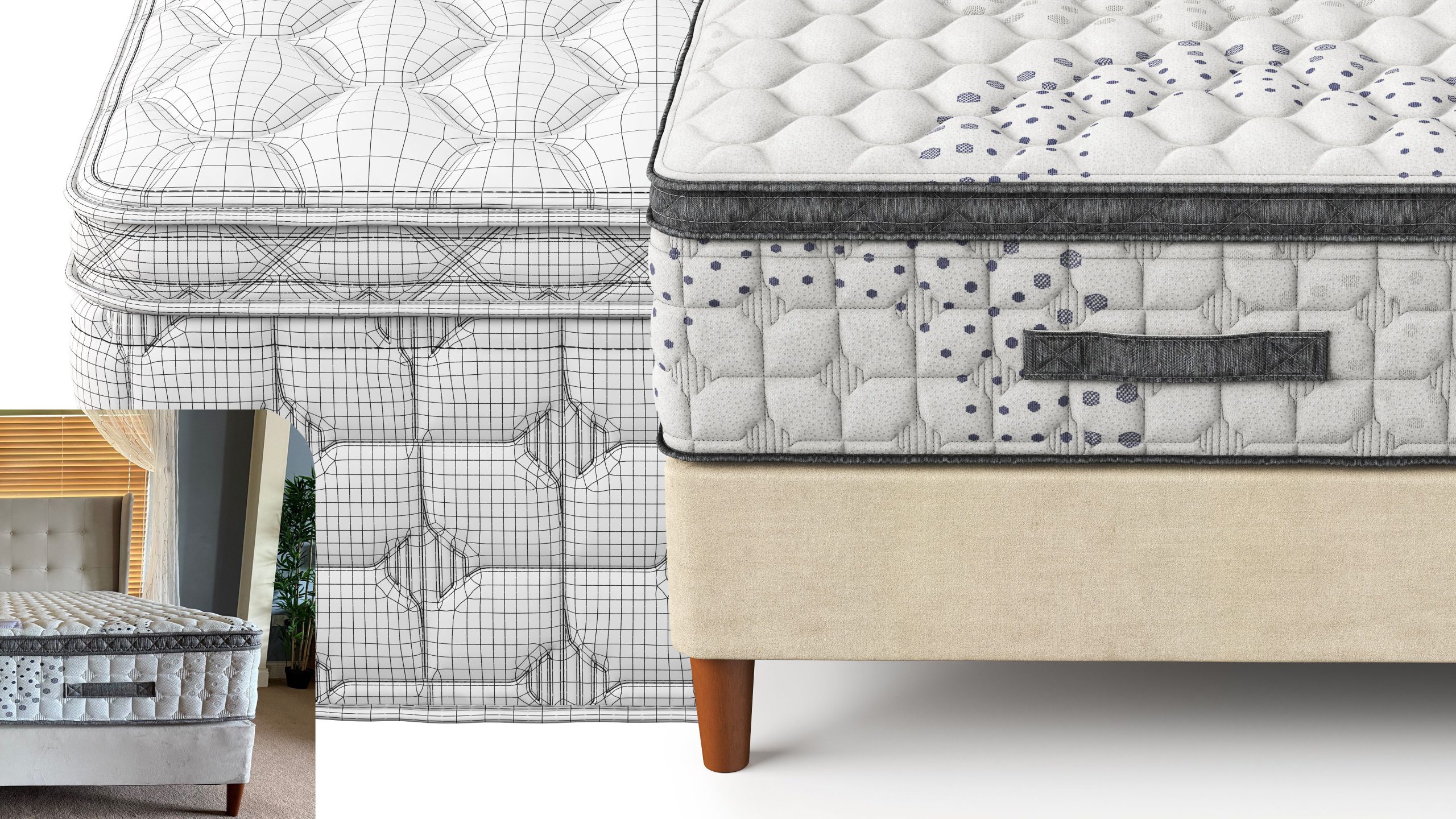 Mattress shown as photo reference, wireframe geometry from 3D modeling, and textured photorealistic version
