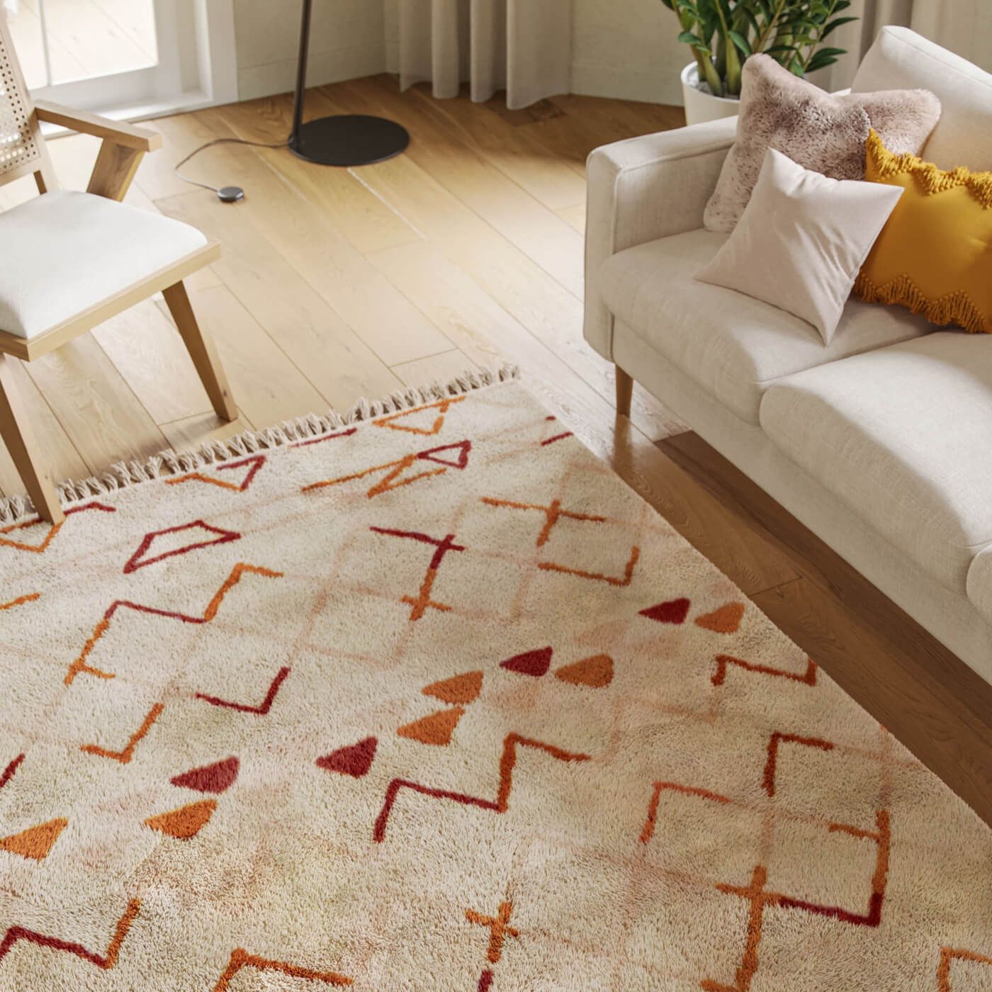 3D rendering of a modern living room featuring a textured rug, showcasing 3D furniture modeling and photorealistic visualization.