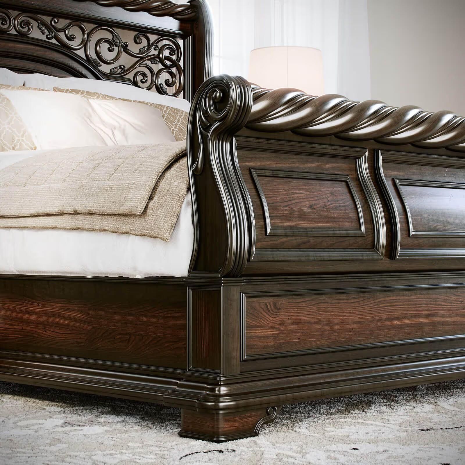 Lifestyle 3D render showing a low-angle view of a bedroom scene focused on a wooden bed frame and bedding