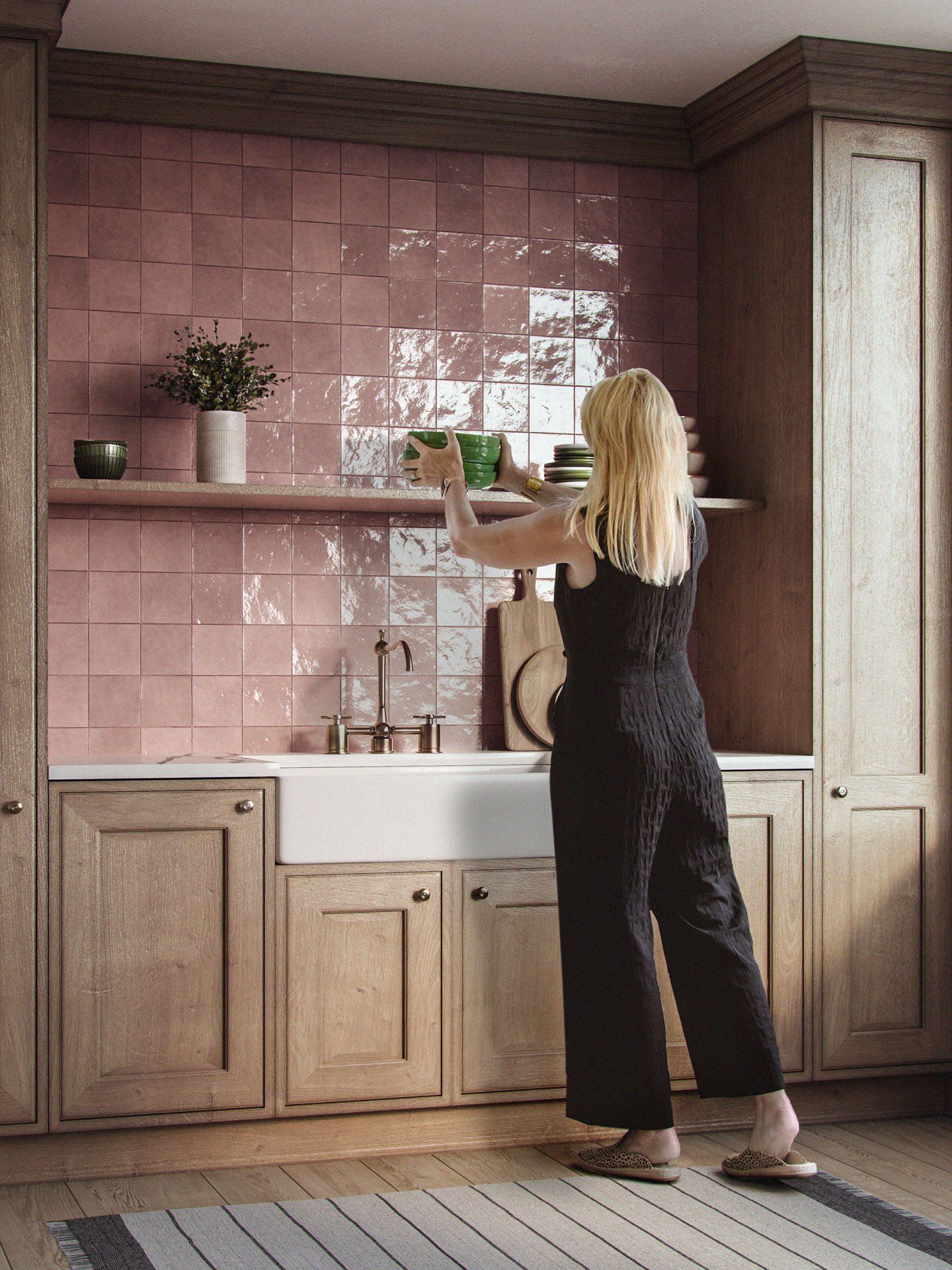 3D lifestyle visualization showcasing a kitchen scene with a woman