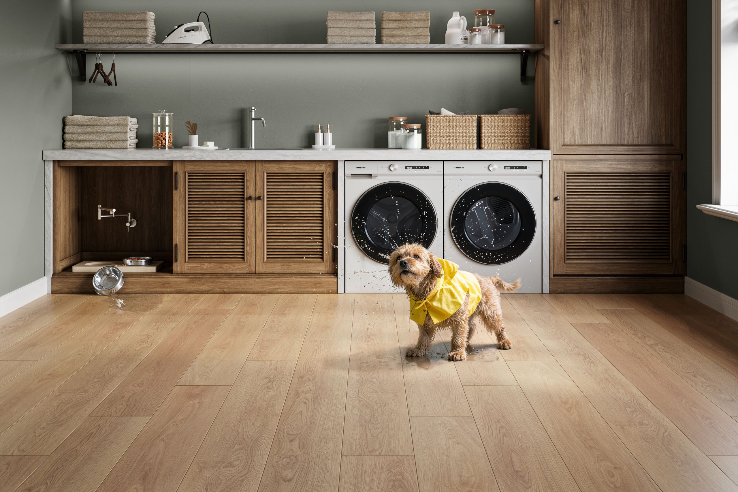 CGI visualization of light oak plank flooring in a laundry room with a wet dog in a yellow raincoat, spilled water bowls, and built-in cabinetry