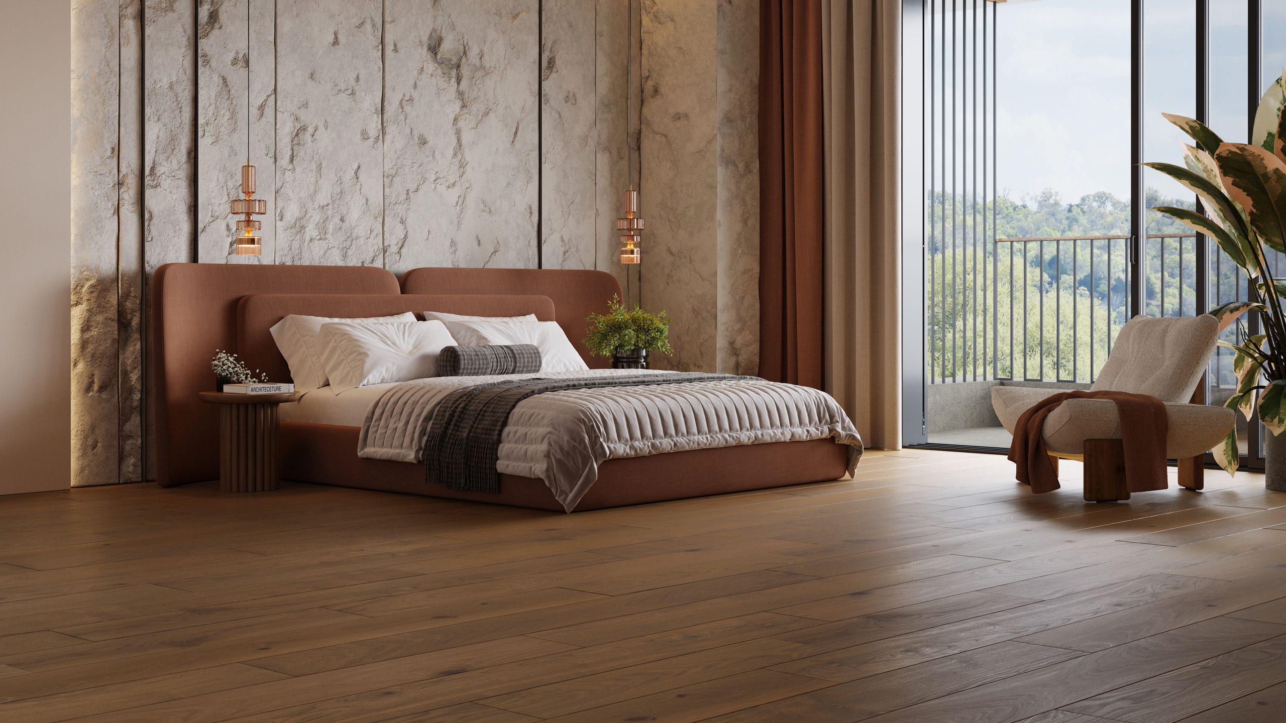 3D rendering of dark plank flooring in a luxury bedroom with terracotta upholstered bed, natural stone accent wall, copper pendant lights, and balcony view