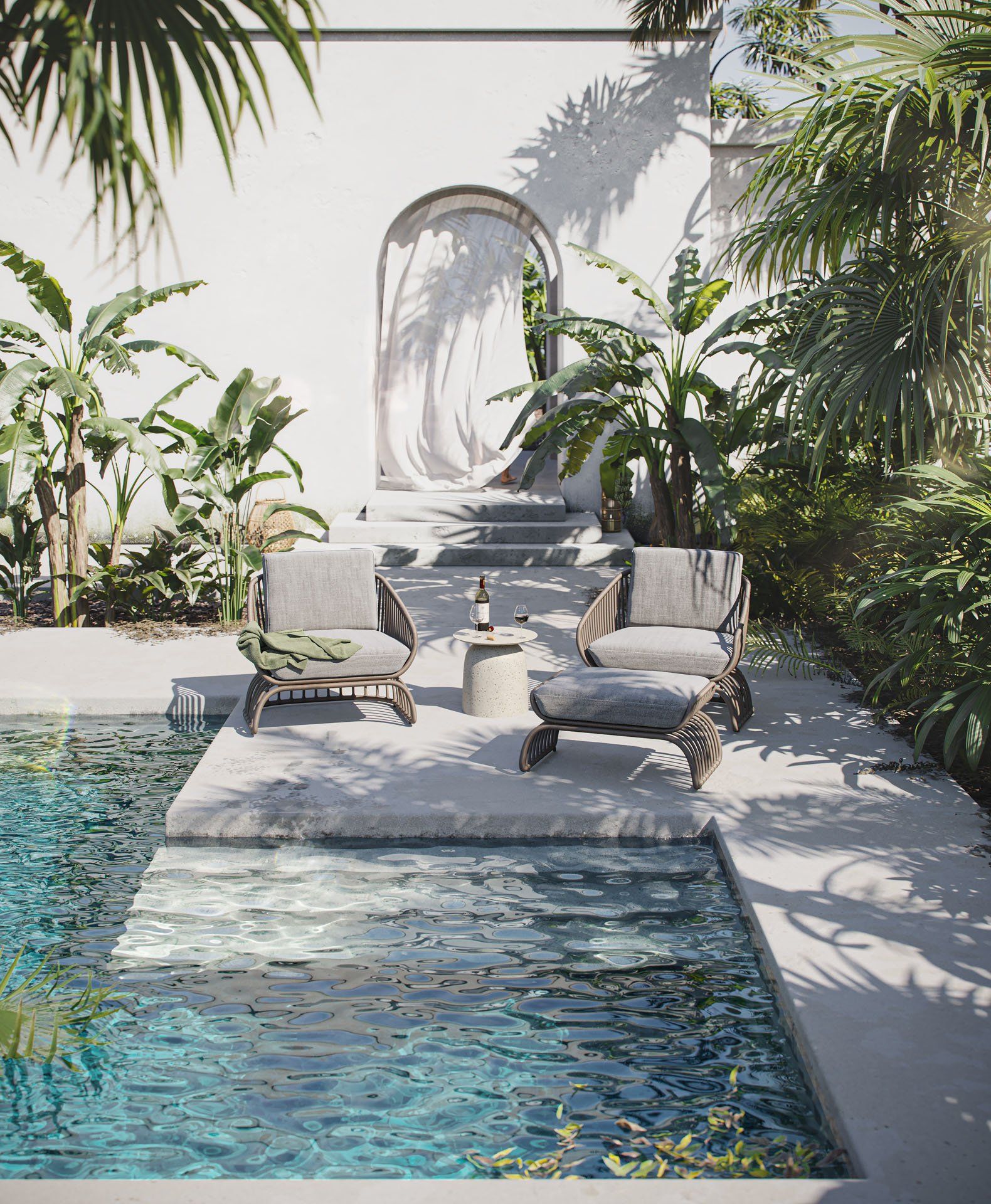 3D rendering of outdoor chairs by a pool