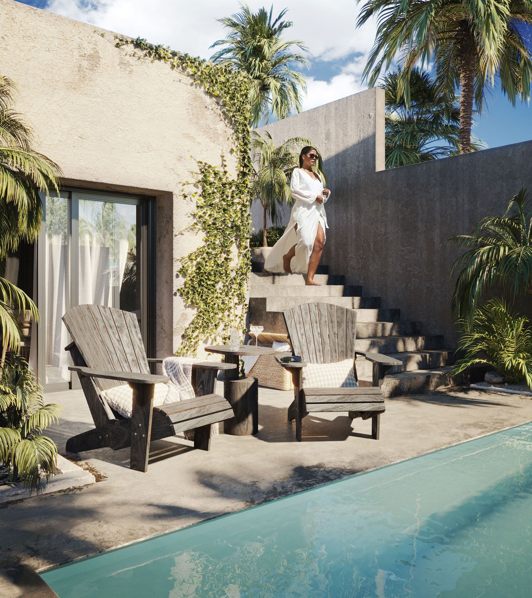 3D Visualization of Poolside Chairs near a Woman on Concrete Steps