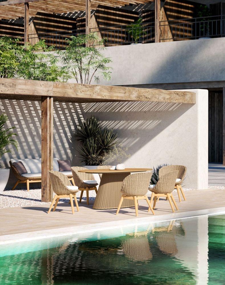 3D Rendering for a Dining Set Near a Pool