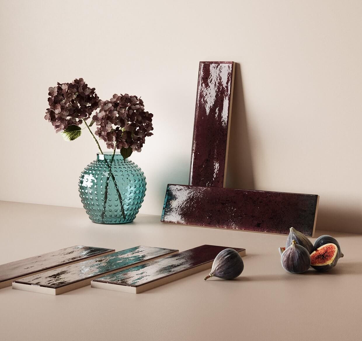 3D furniture rendering showcasing a vase with flowers and decorative tiles, highlighting photorealistic visualization and CGI rendering techniques.