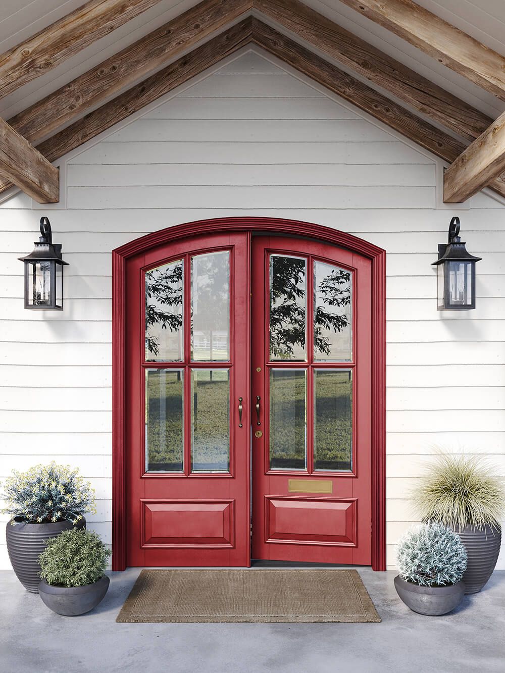 Photorealistic 3D rendering of a red exterior door with plants, showcasing high-quality CGI visualization and custom 3D modeling.