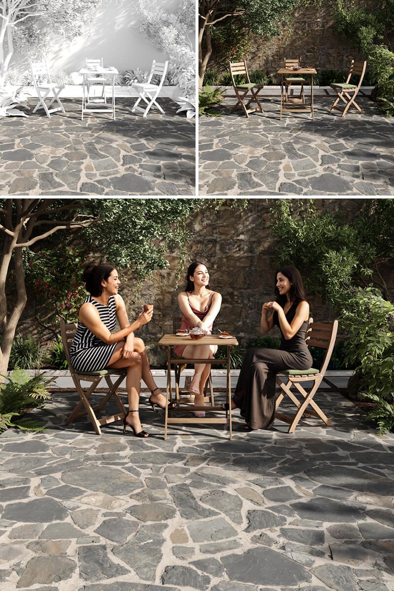 3D furniture modeling and rendering showcasing outdoor lifestyle visualization with realistic furniture and environment