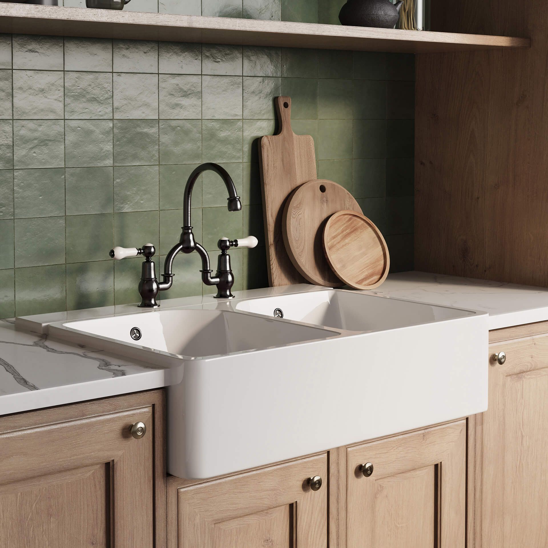 3D rendered image of a kitchen sink showcasing photorealistic furniture rendering and interior visualization
