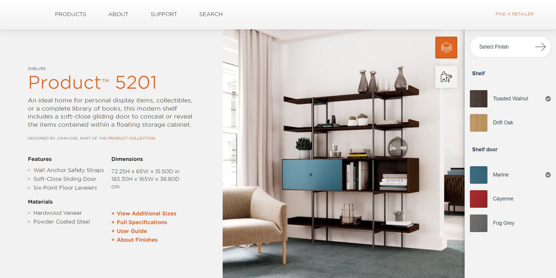 3D product customizer showing shelf design option 1 — color and material variation