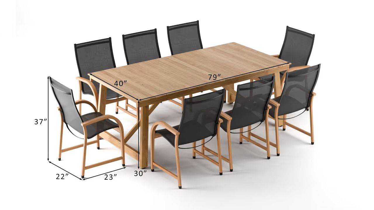 Dining table set with size measurements and dimension overlays shown in product animation