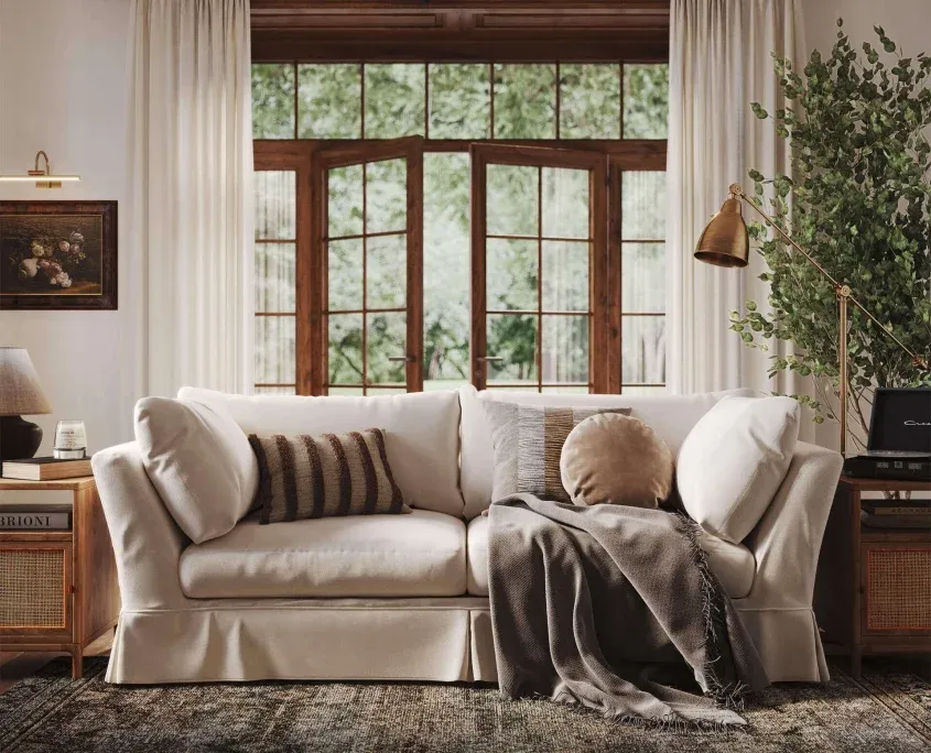 Product lifestyle rendering for a sofa in a cozy living room