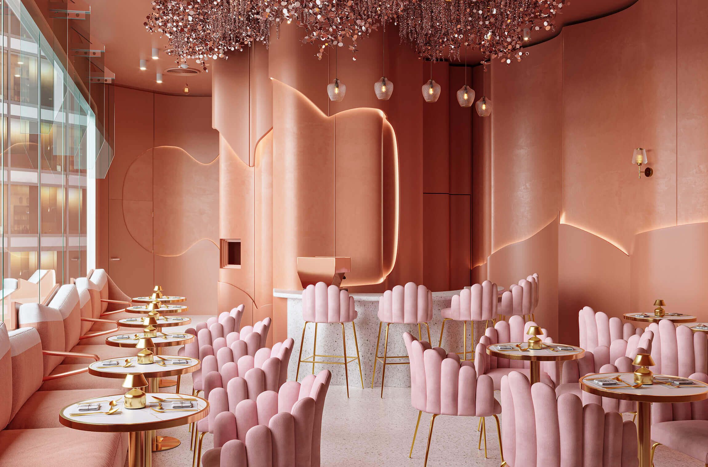 3D interior rendering showcasing a trendy cafe with bespoke 3D furniture modeling and photorealistic rendering