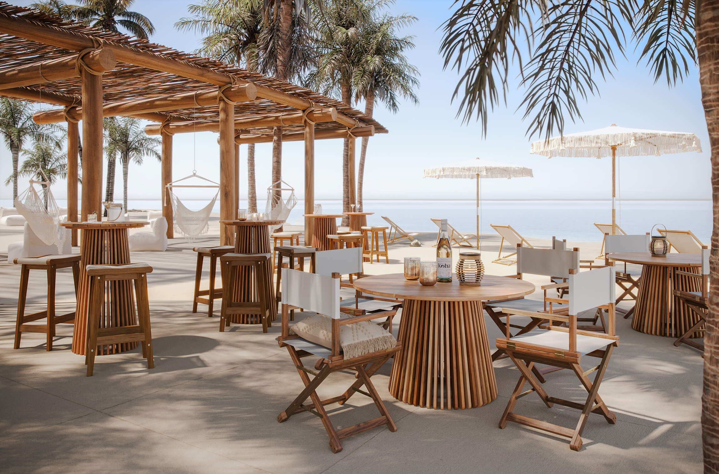 High-quality 3D rendering of a beach lounge with wooden furniture, showcasing 3D furniture modeling and visualization.