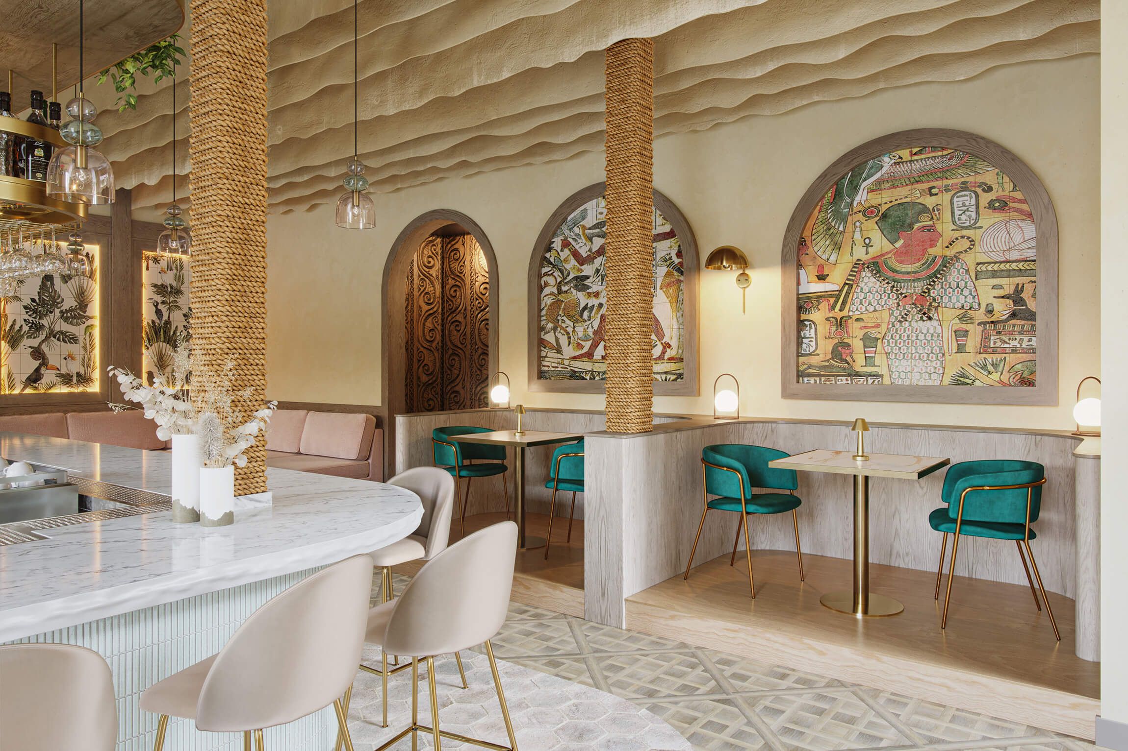 3D visualization of restaurant interior with marble bar, booths, green chairs, wall art, and pendant lights