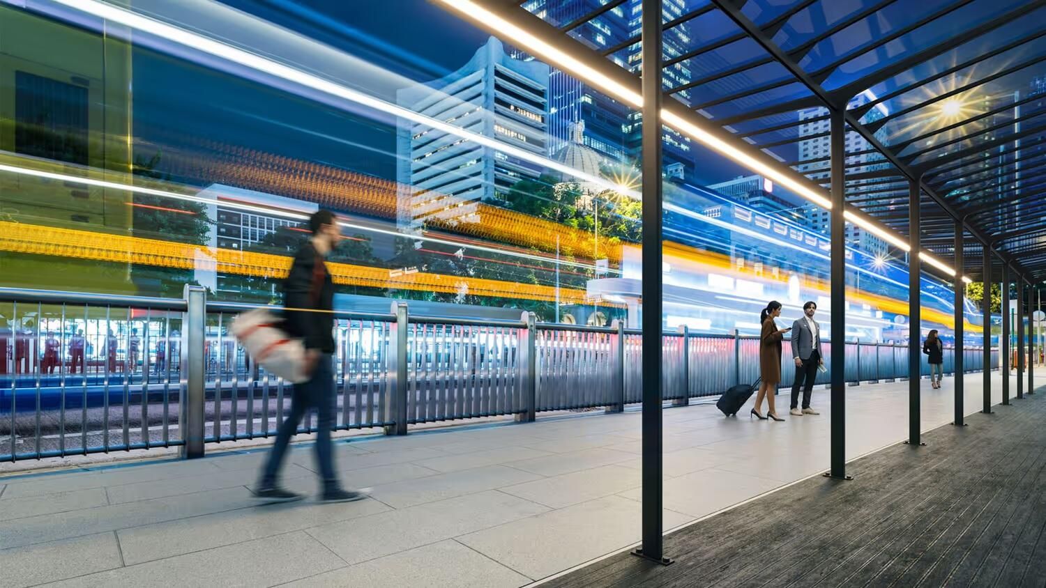 Lifestyle 3D render of a modern city street scene with pedestrians in motion and light trails in the background