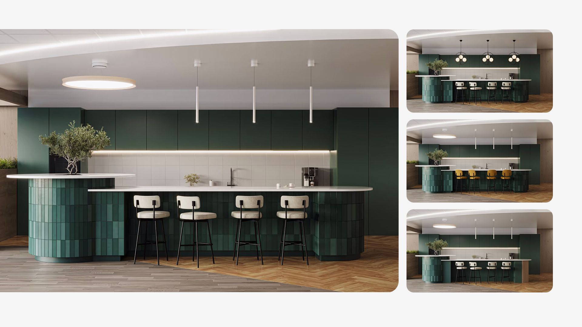 Product renderings showing 3D models of lamps in the same kitchen setup