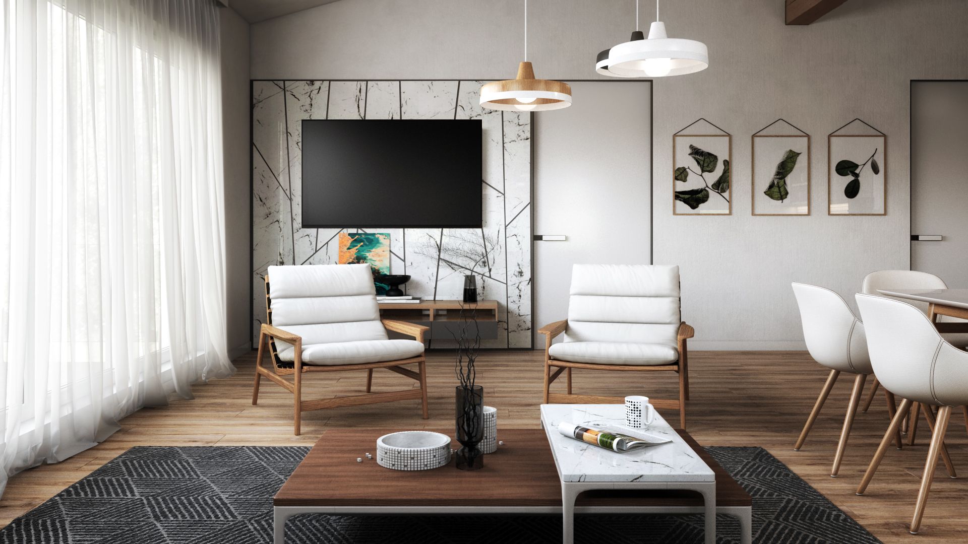 3D Product Rendering of White Chairs