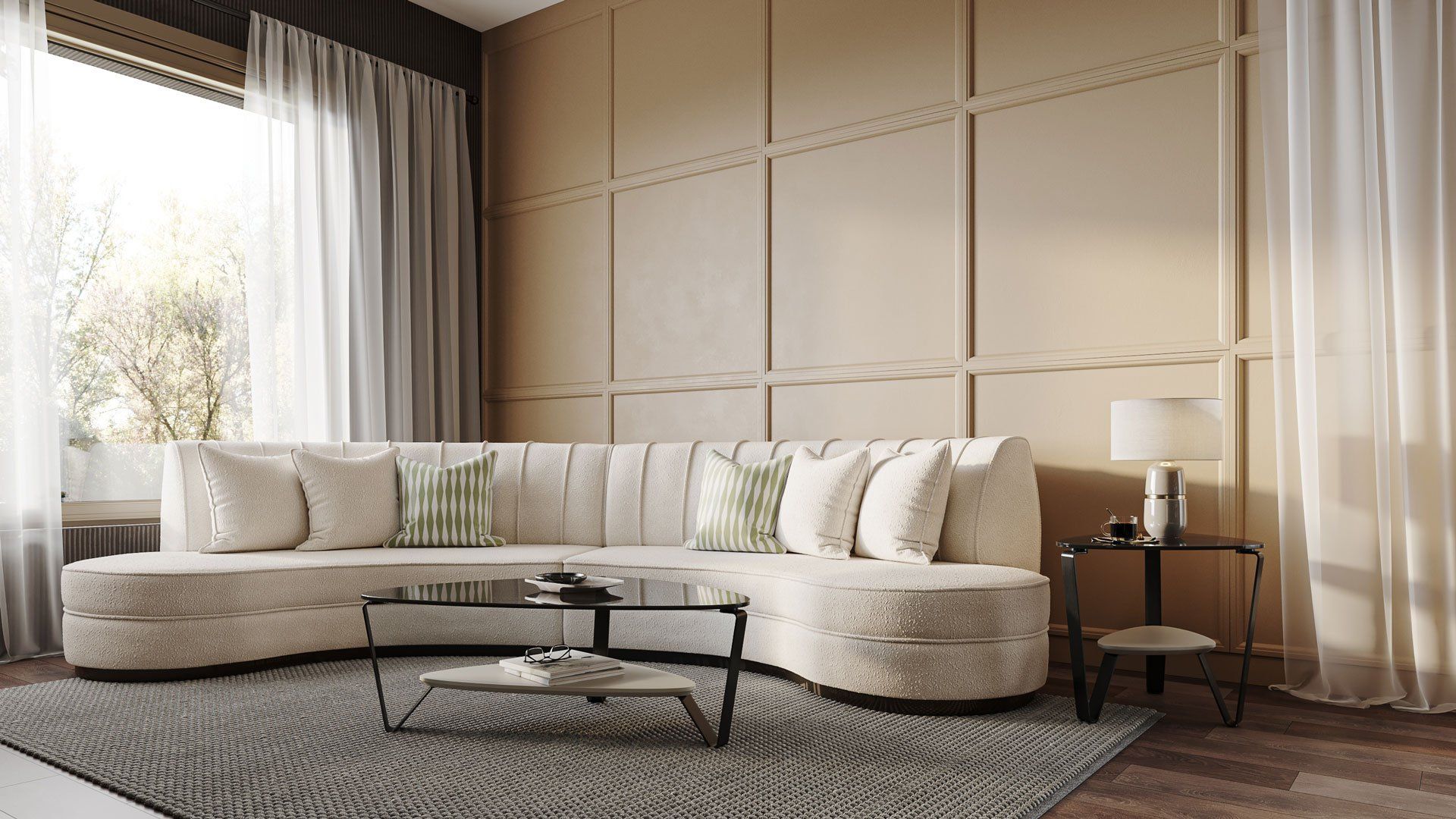 Product rendering for a white sofa in a living room