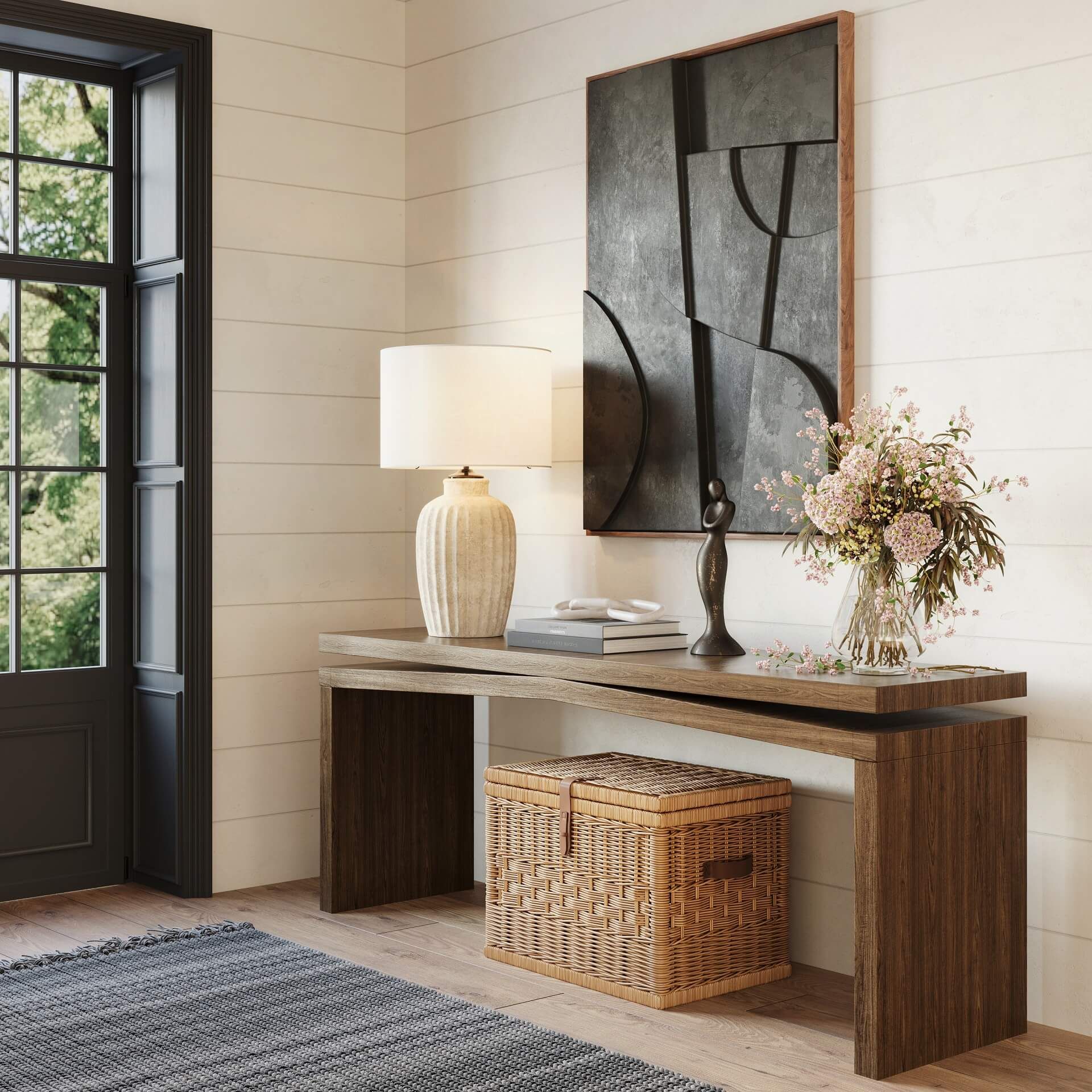 3D rendering of a wooden console table in a modern hallway with lamp, wall art, flowers, and woven basket