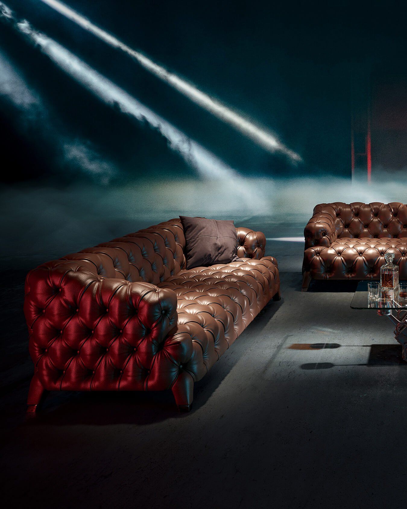 High-quality 3D rendering of a luxurious leather sofa, showcasing photorealistic furniture visualization and 3D interior design.