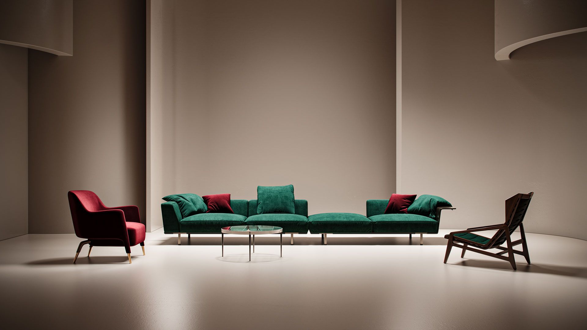 Top-notch 3D furniture rendering showcasing modern interior design with green and red seating, 3D product visualization