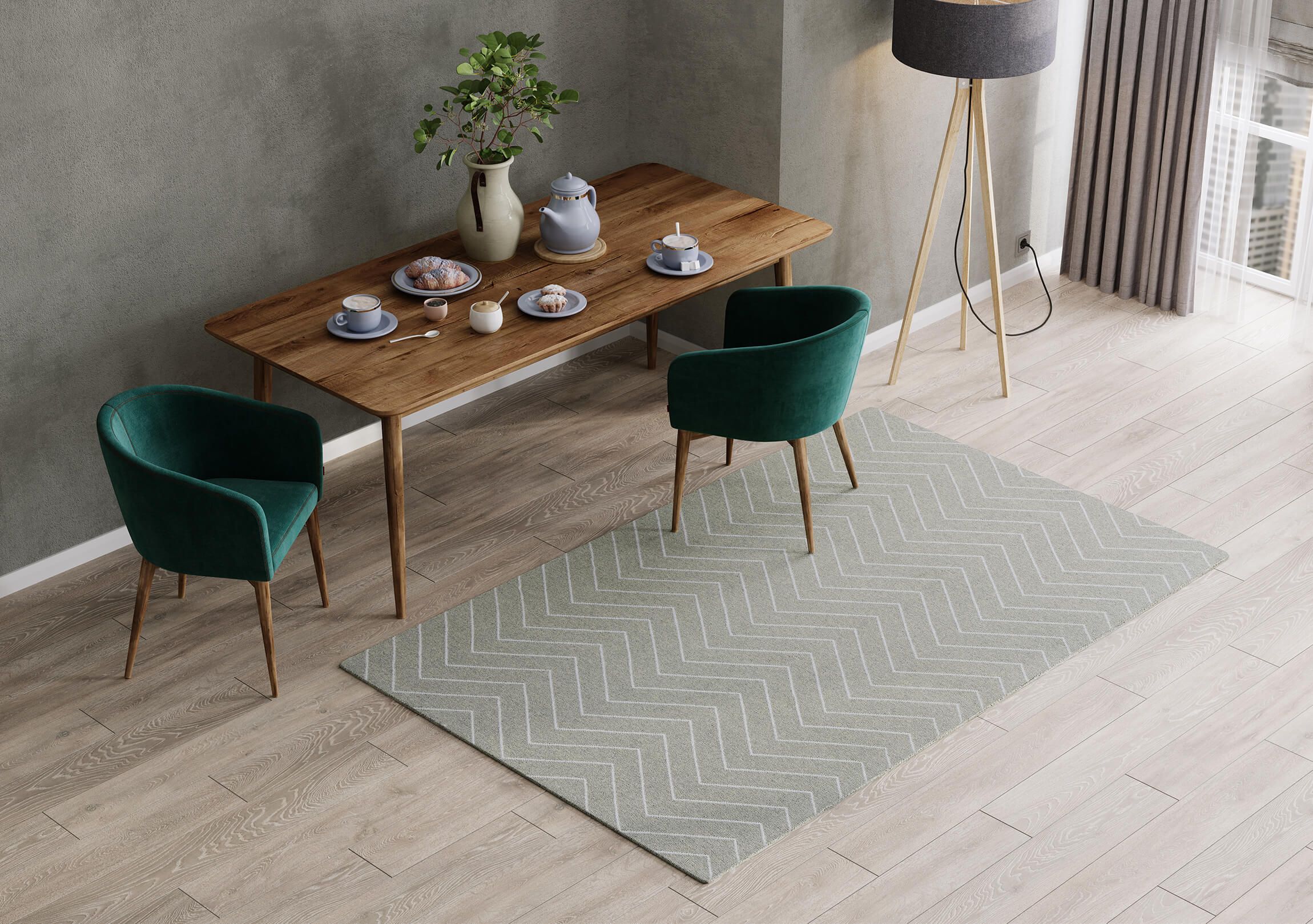 3D lifestyle visualization showcasing a dining room with 3D rendered furniture, including a wooden table and green chairs, highlighting photorealistic rendering and 3D interior visualization.