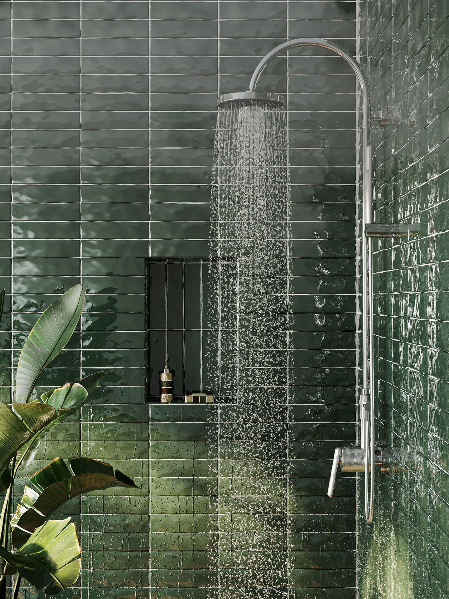 Top-notch 3D rendering of a bathroom interior featuring a shower and green tiles