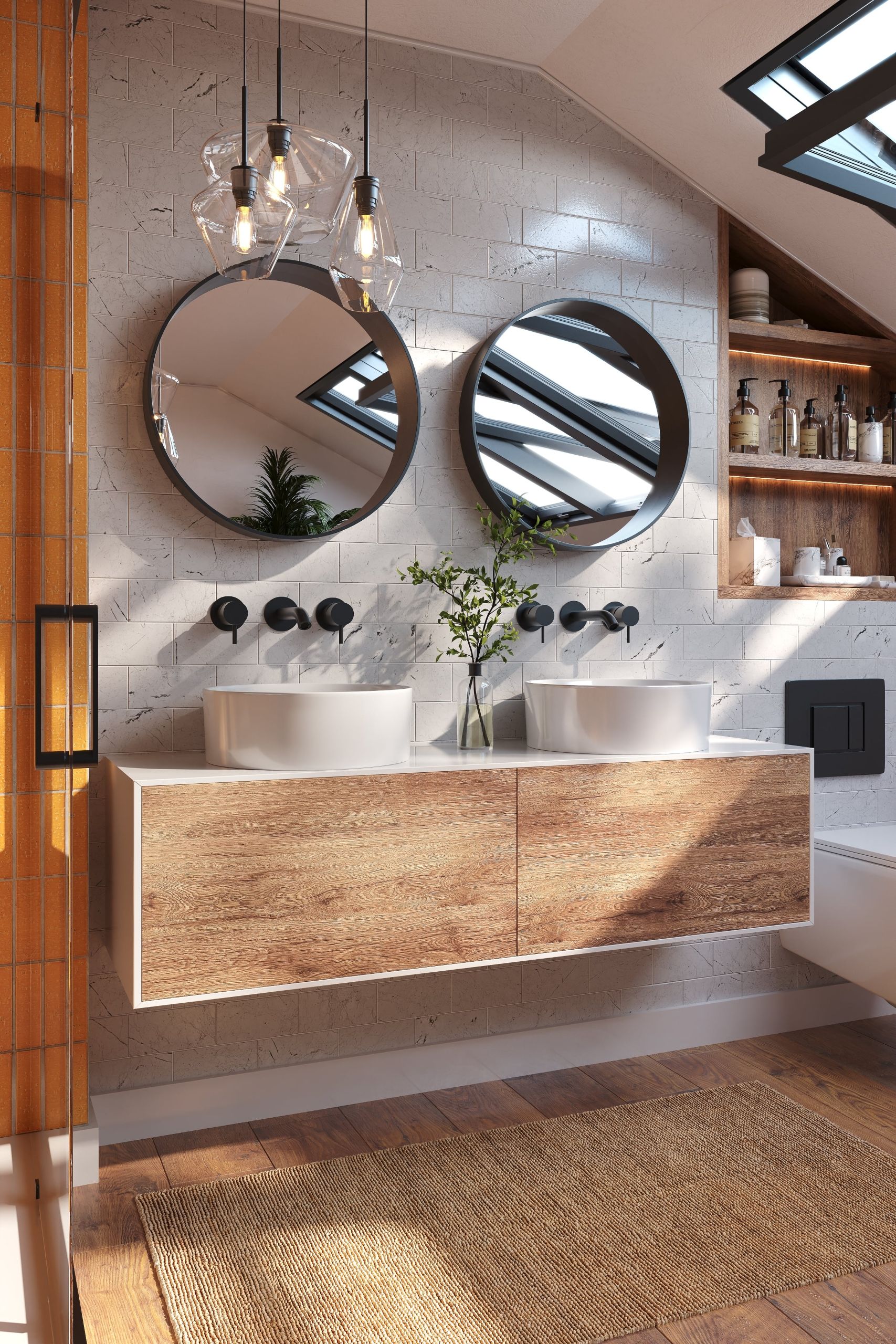 3D Rendering Of A Modern Sink With A Dark Marble Top, Stainless Faucet, And Tiled Backsplash