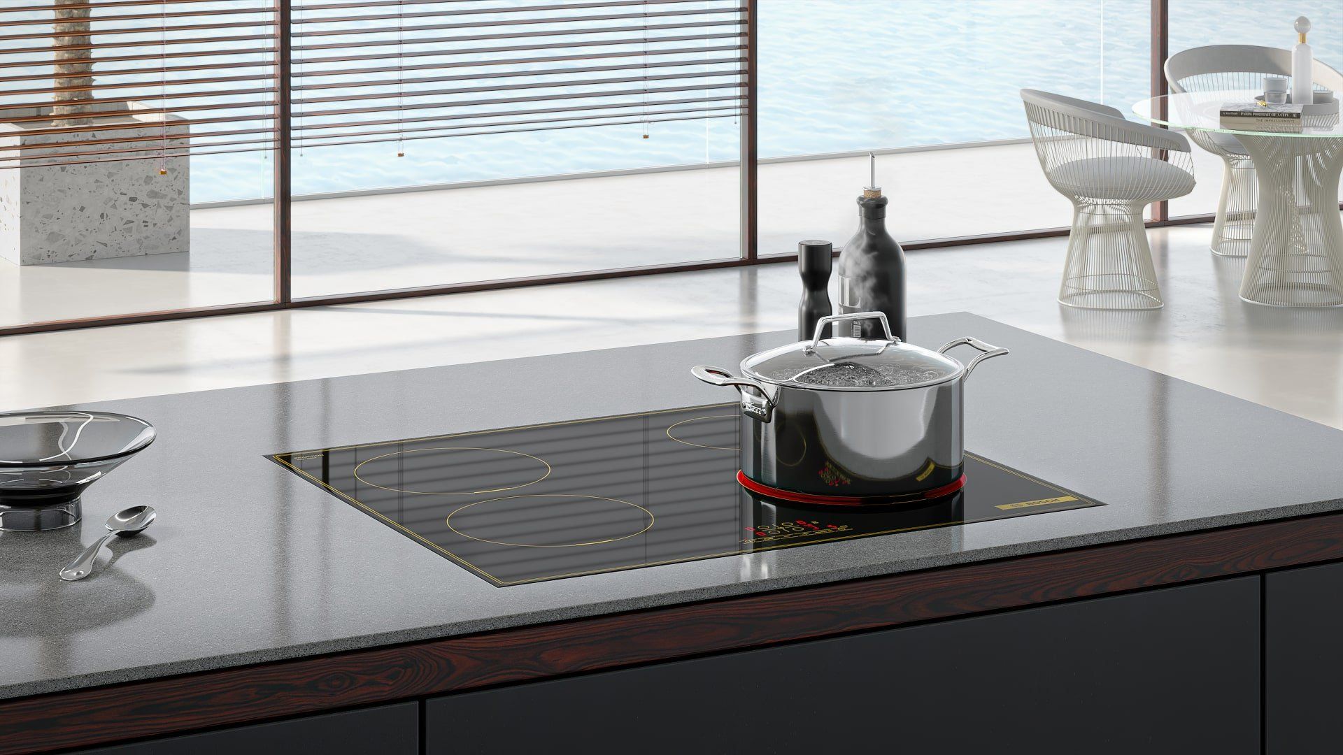 Realistic 3D rendering of a trendy kitchen interior featuring a sleek cooktop, showcasing realistic house fittings rendering and 3D product visualization.