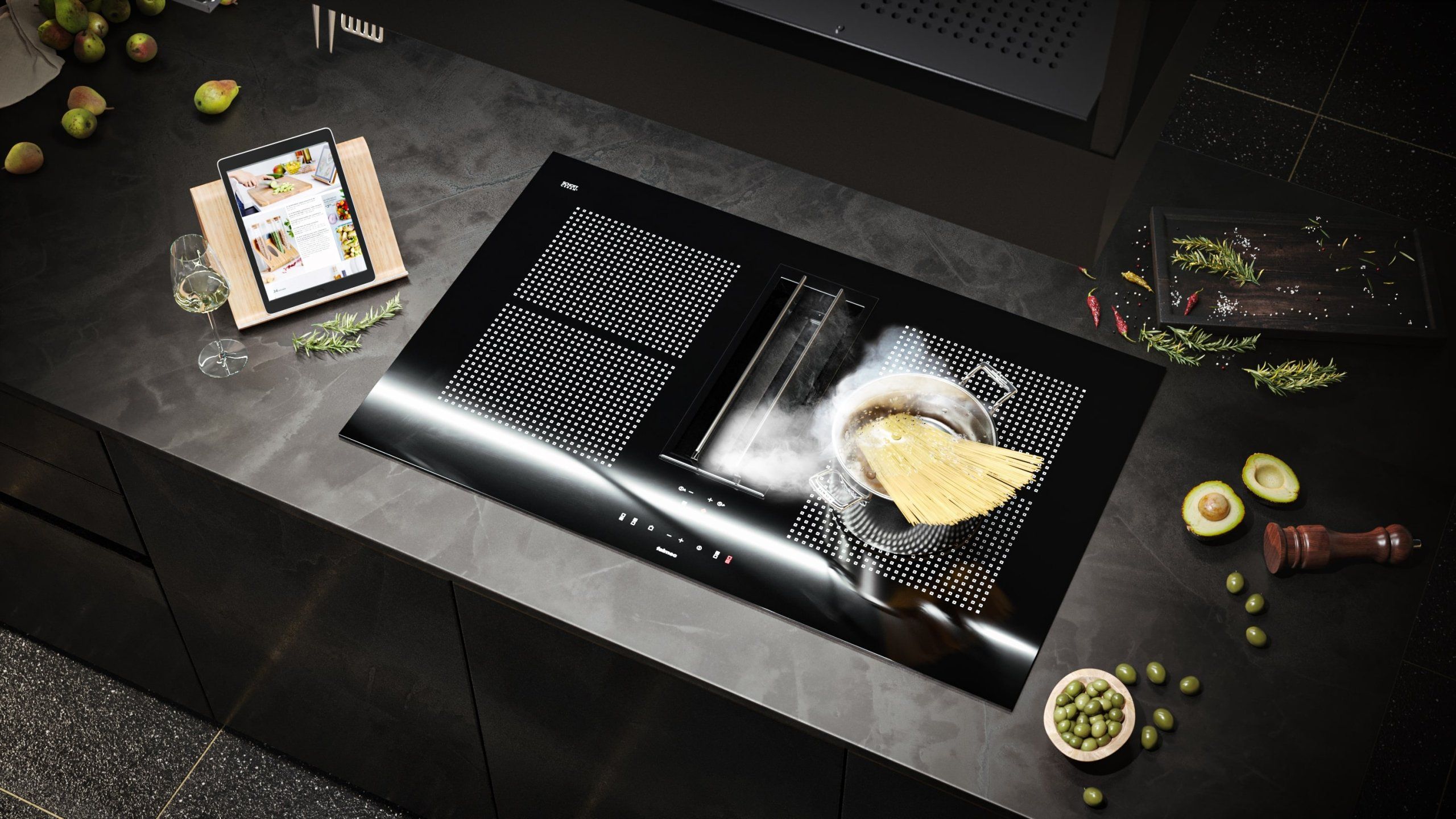 Product Rendering of a Black Cooktop with Boiling Spaghetti and Ingredients